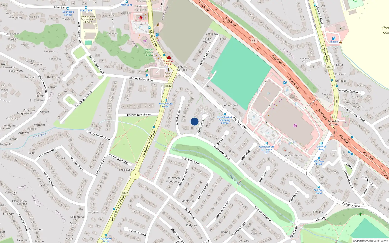 Overhead map showing the location of 1 Glen Garth, Dublin 18