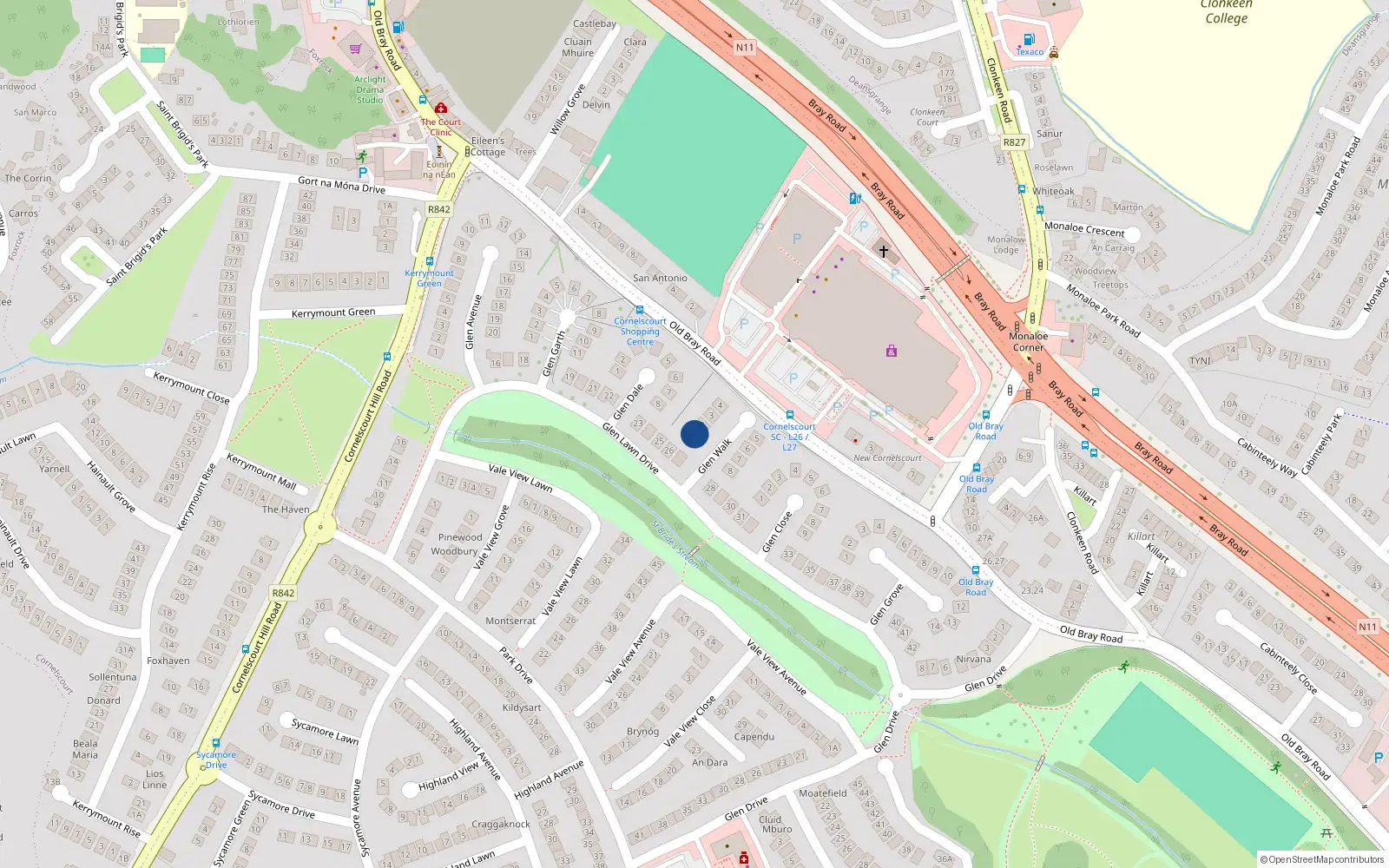 Overhead map showing the location of 1 Glen Walk, Dublin 18