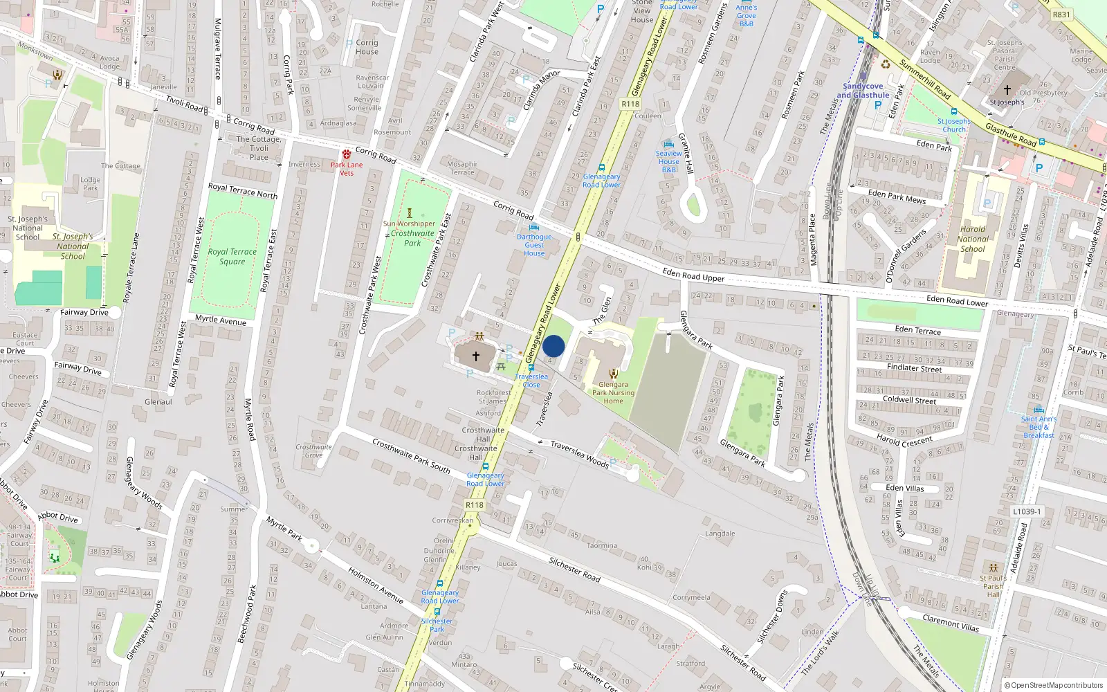 Overhead map showing the location of 1 Glengara Close, Glenageary Road Lower, Dun Laoghaire