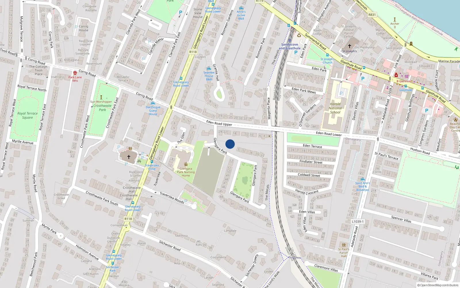 Overhead map showing the location of 1 Glengara Park, Glenageary, Dublin