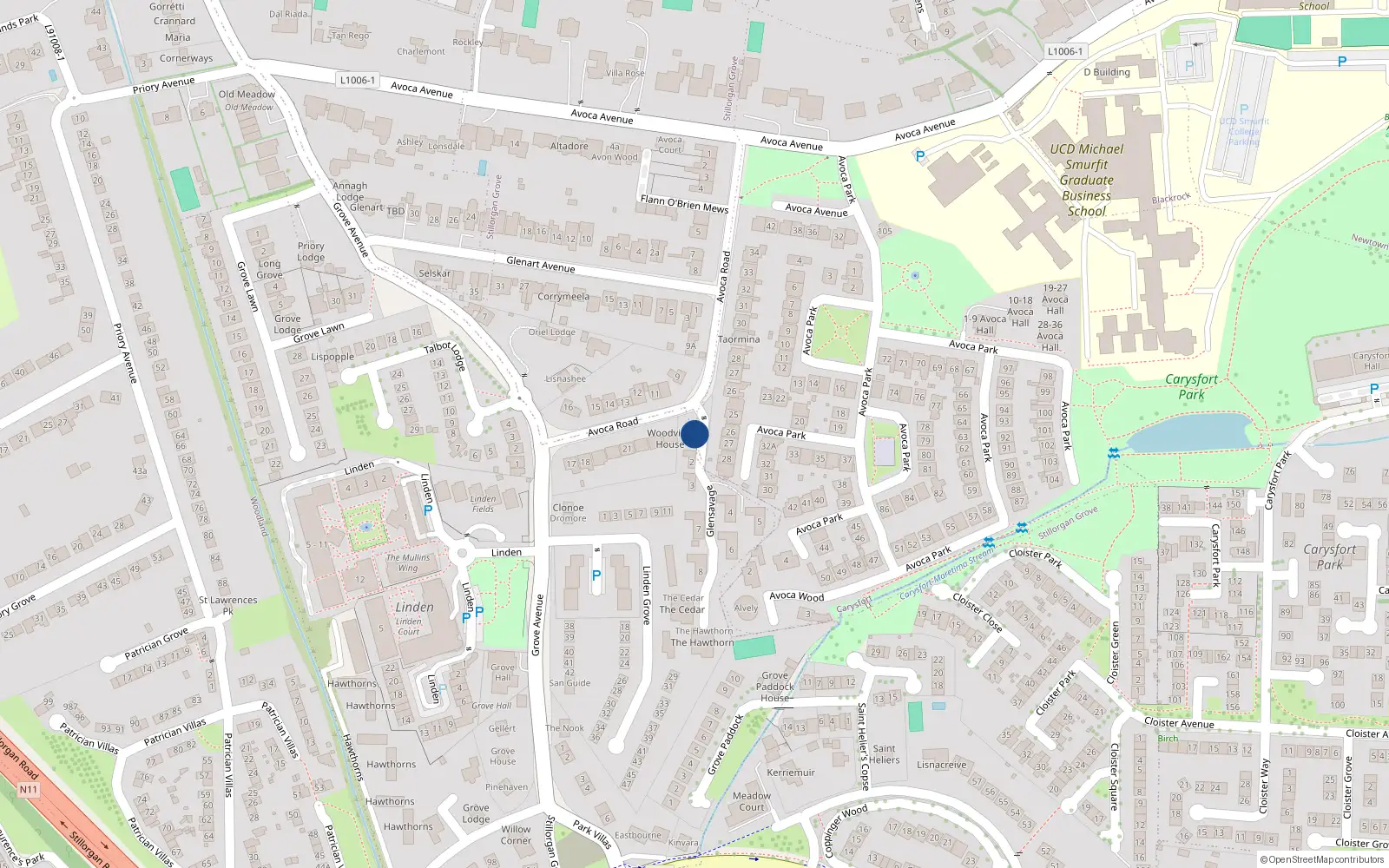 Overhead map showing the location of 1 Glensavage, Avoca Road, Blackrock