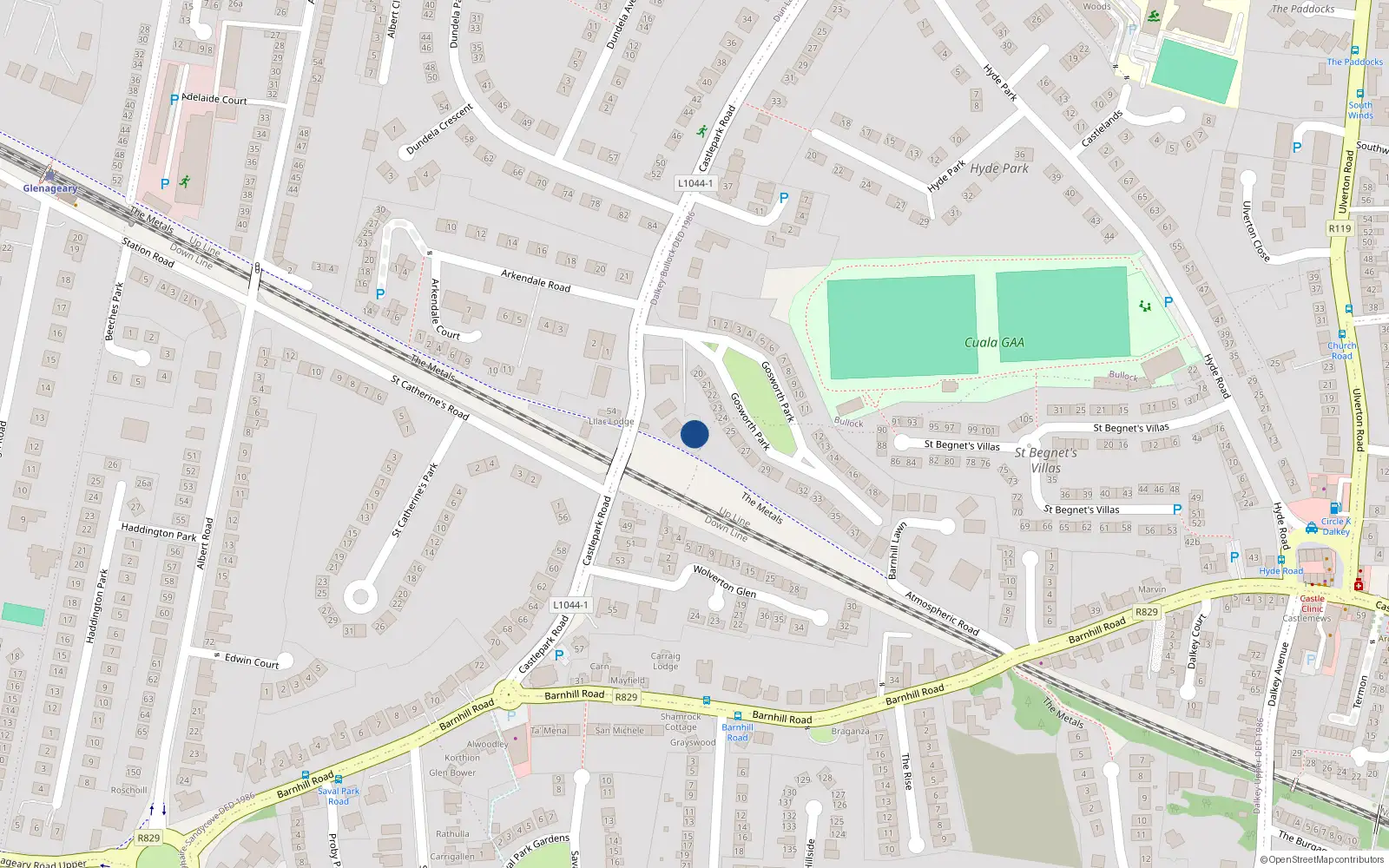 Overhead map showing the location of 1 Gosworth Court, Castle Park Road, Dalkey