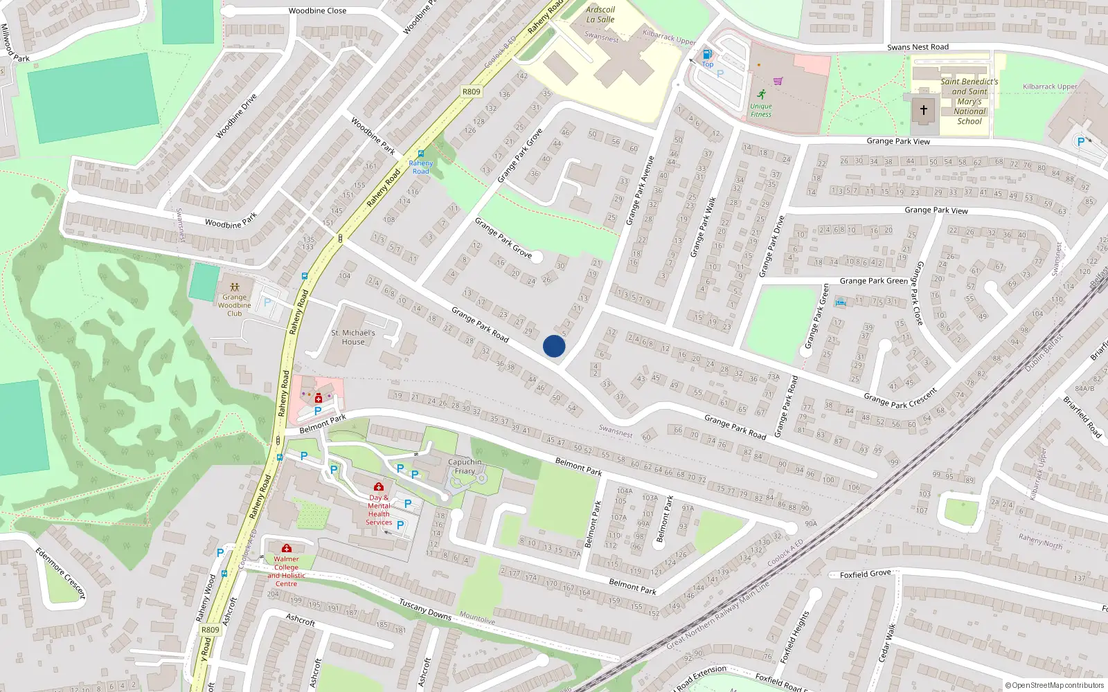 Overhead map showing the location of 1 Grange Park Avenue, Raheny, Dublin 5