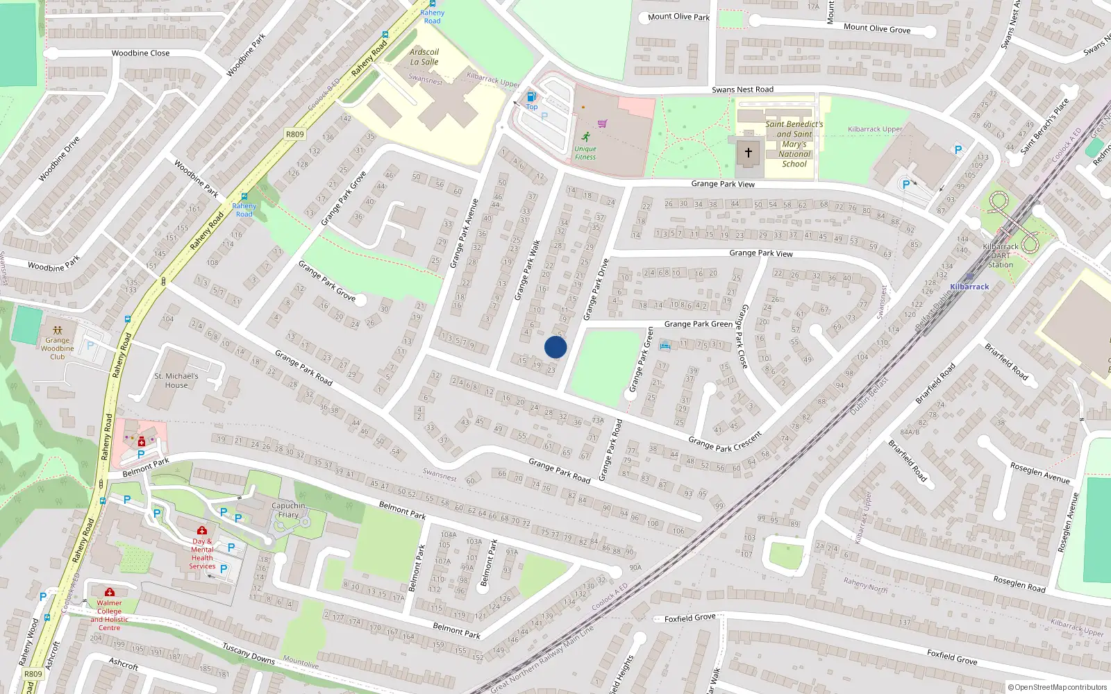 Overhead map showing the location of 1 Grange Park Drive, Dublin 5