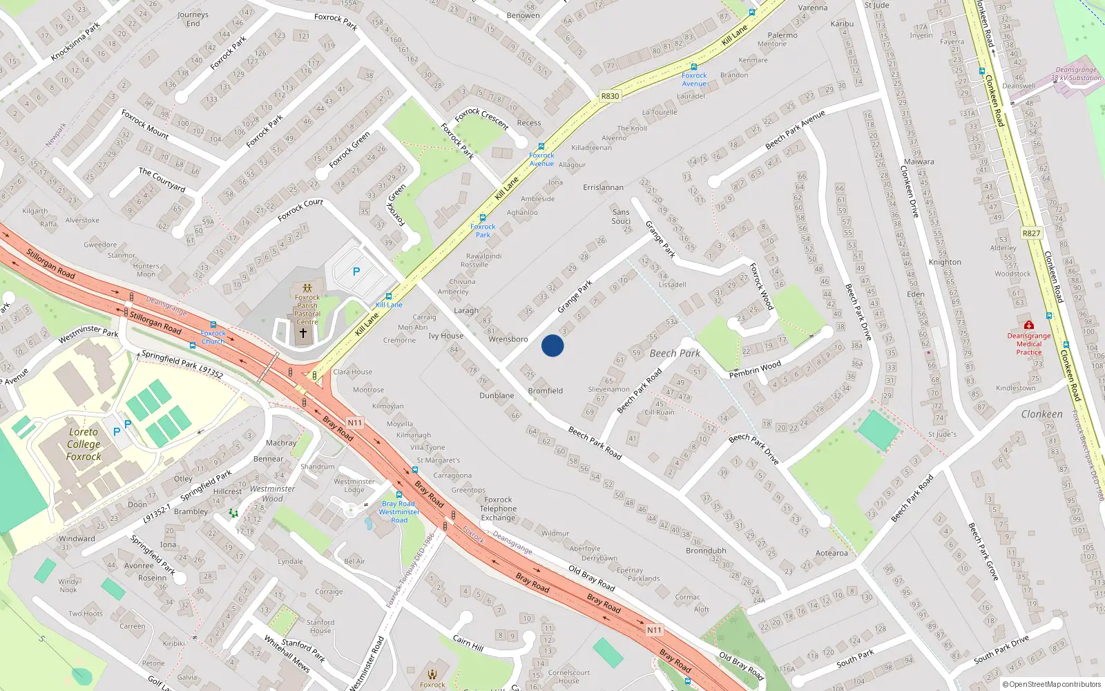 Overhead map showing the location of 1 Grange Park, Dublin 18