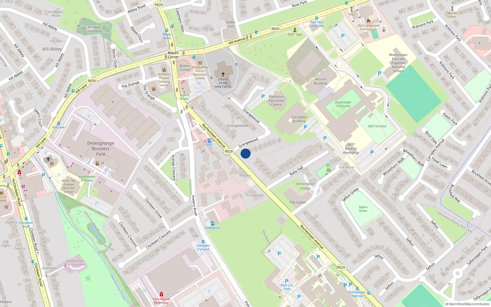 Overhead map showing the location of 1 Grangewood, Dun Laoghaire