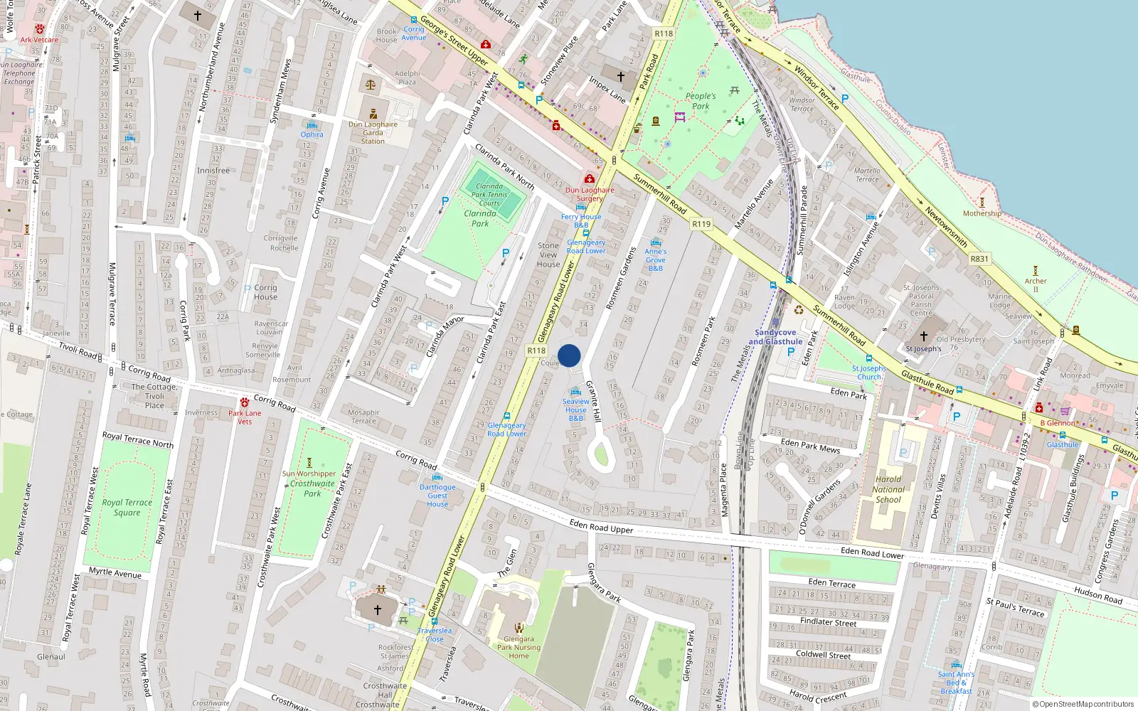 Overhead map showing the location of 1 Granite Hall, Rosmeen Gardens, Dun Laoghaire