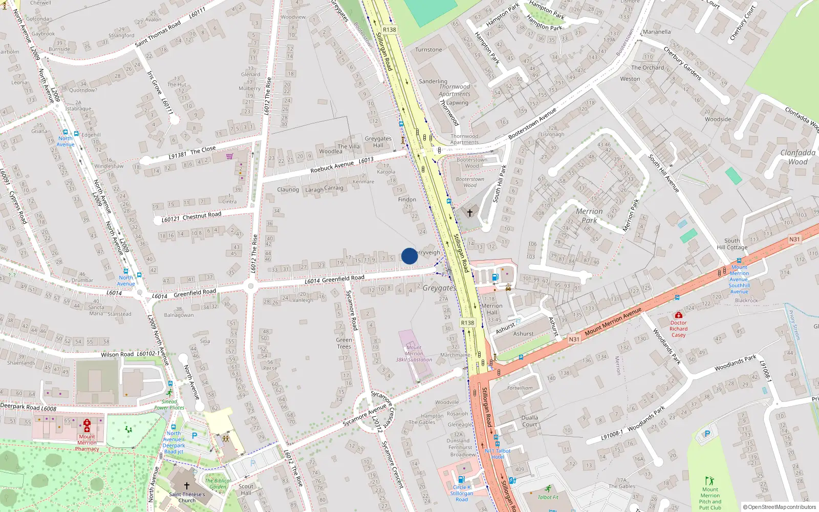 Overhead map showing the location of 1 Greenfield Road, Blackrock