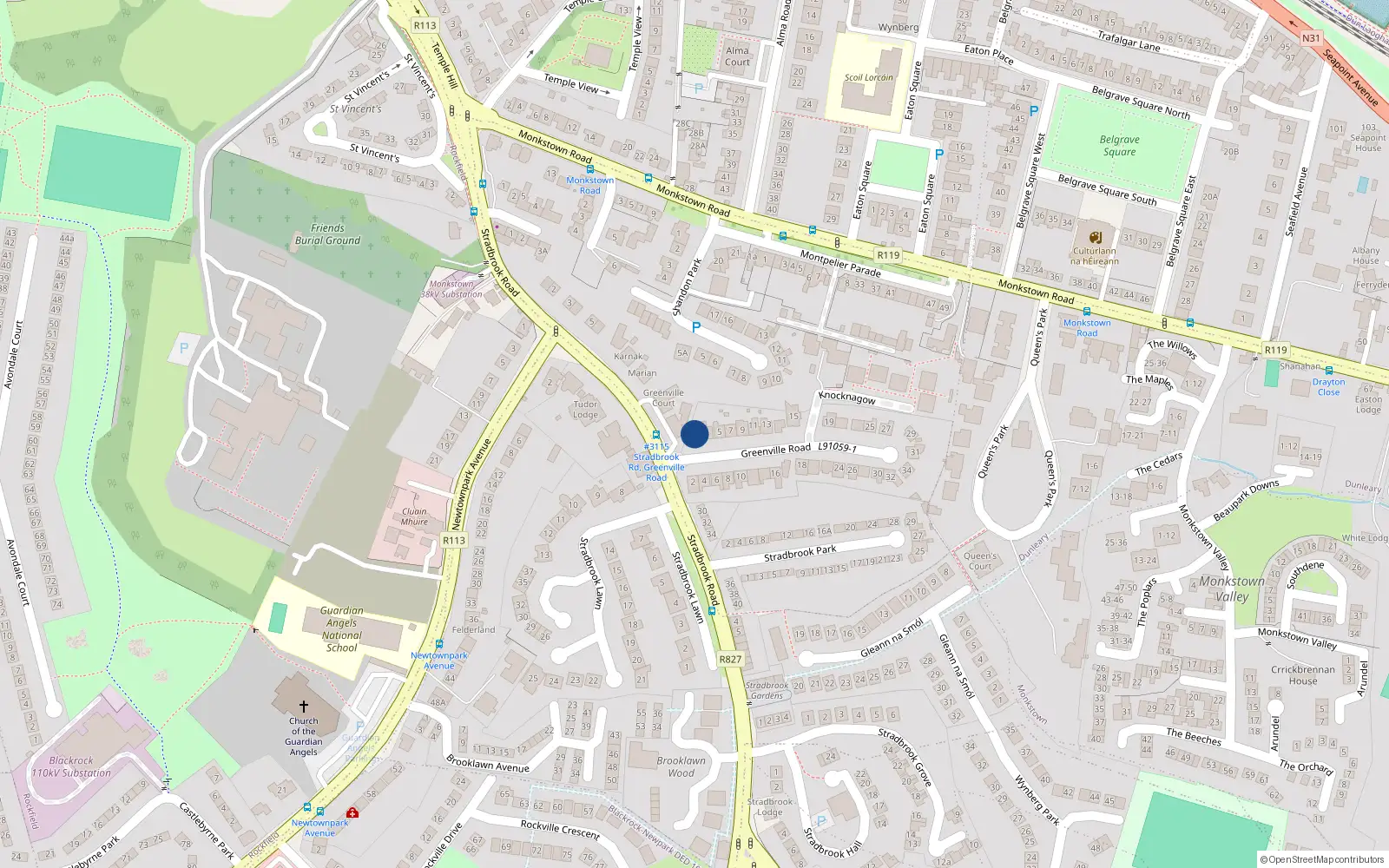 Overhead map showing the location of 1 Greenville Road, Monkstown