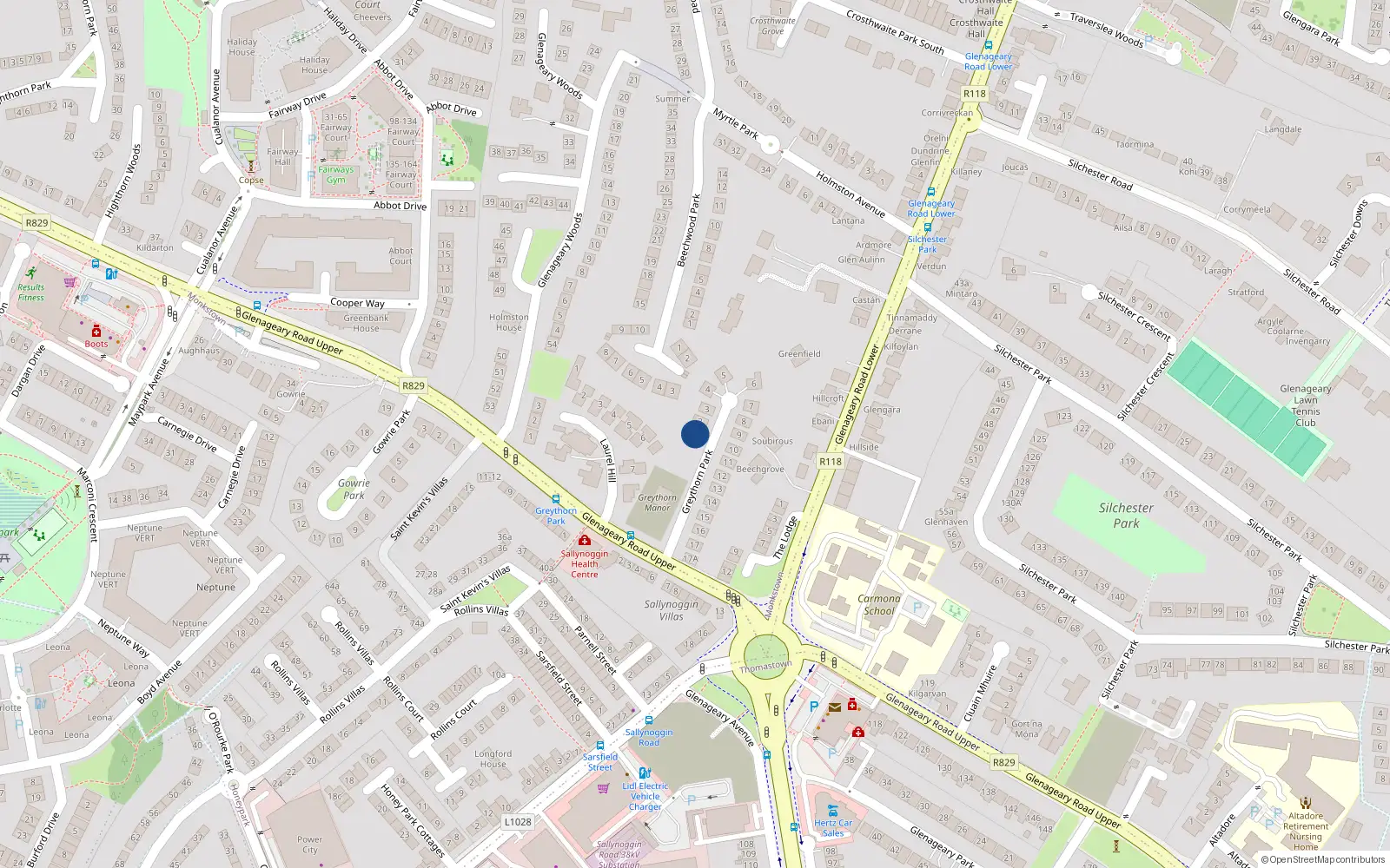 Overhead map showing the location of 1 Greythorn Park, Glenageary Road Upper, Dun Laoghaire