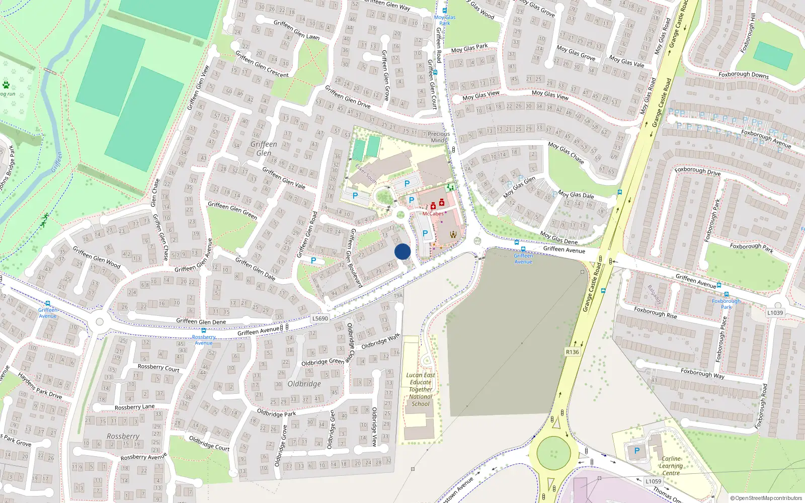 Overhead map showing the location of 1 Griffeen Glen Boulevard, Lucan