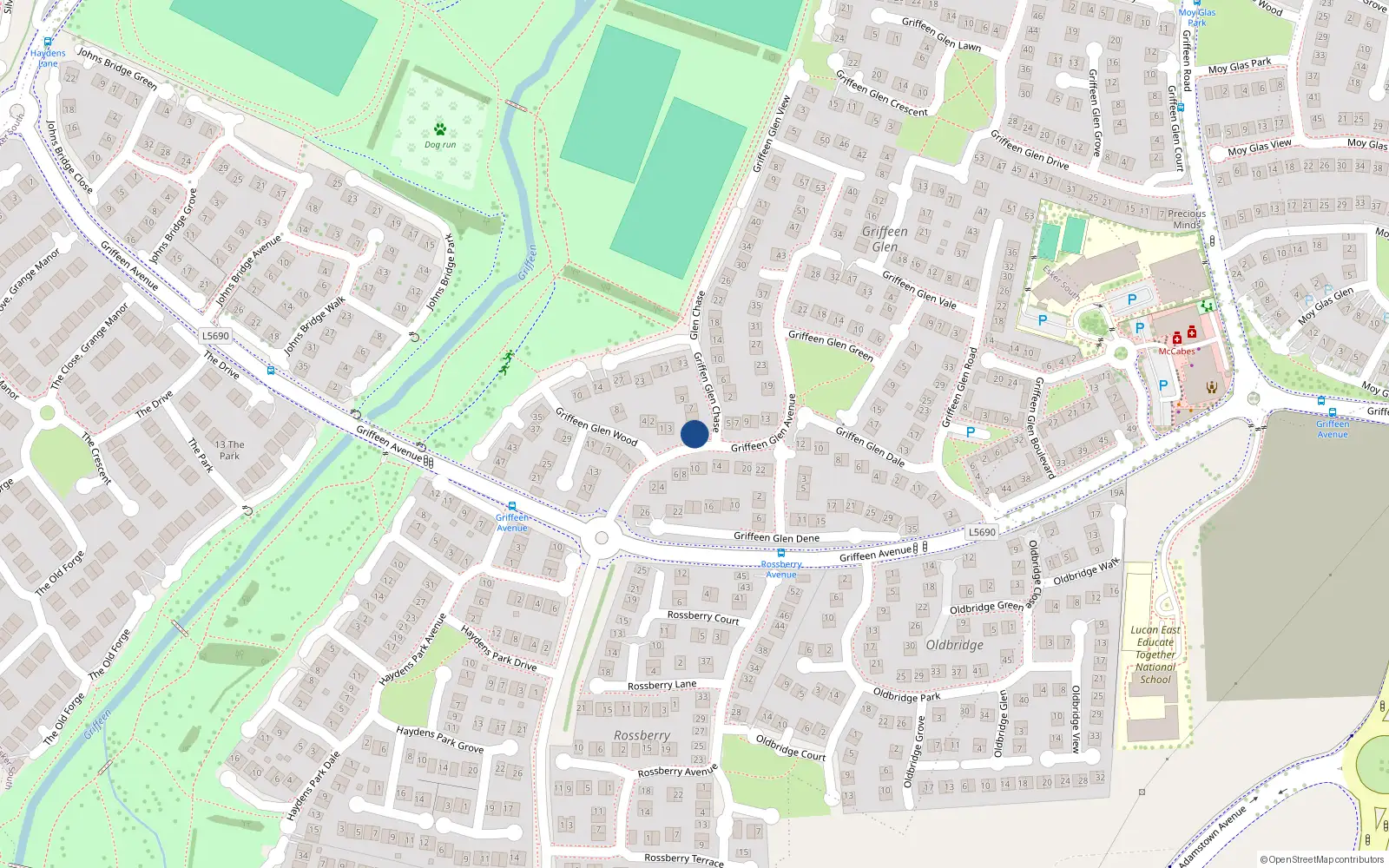 Overhead map showing the location of 1 Griffeen Glen Chase, Lucan