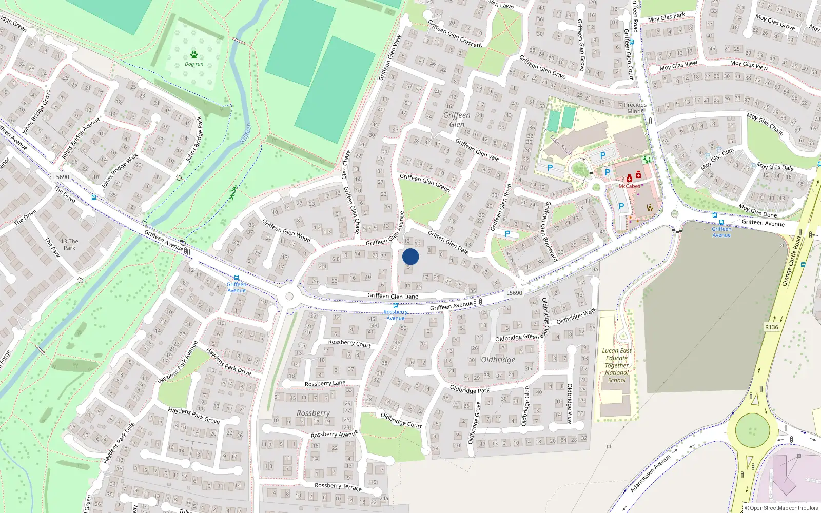 Overhead map showing the location of 1 Griffeen Glen Dene, Lucan