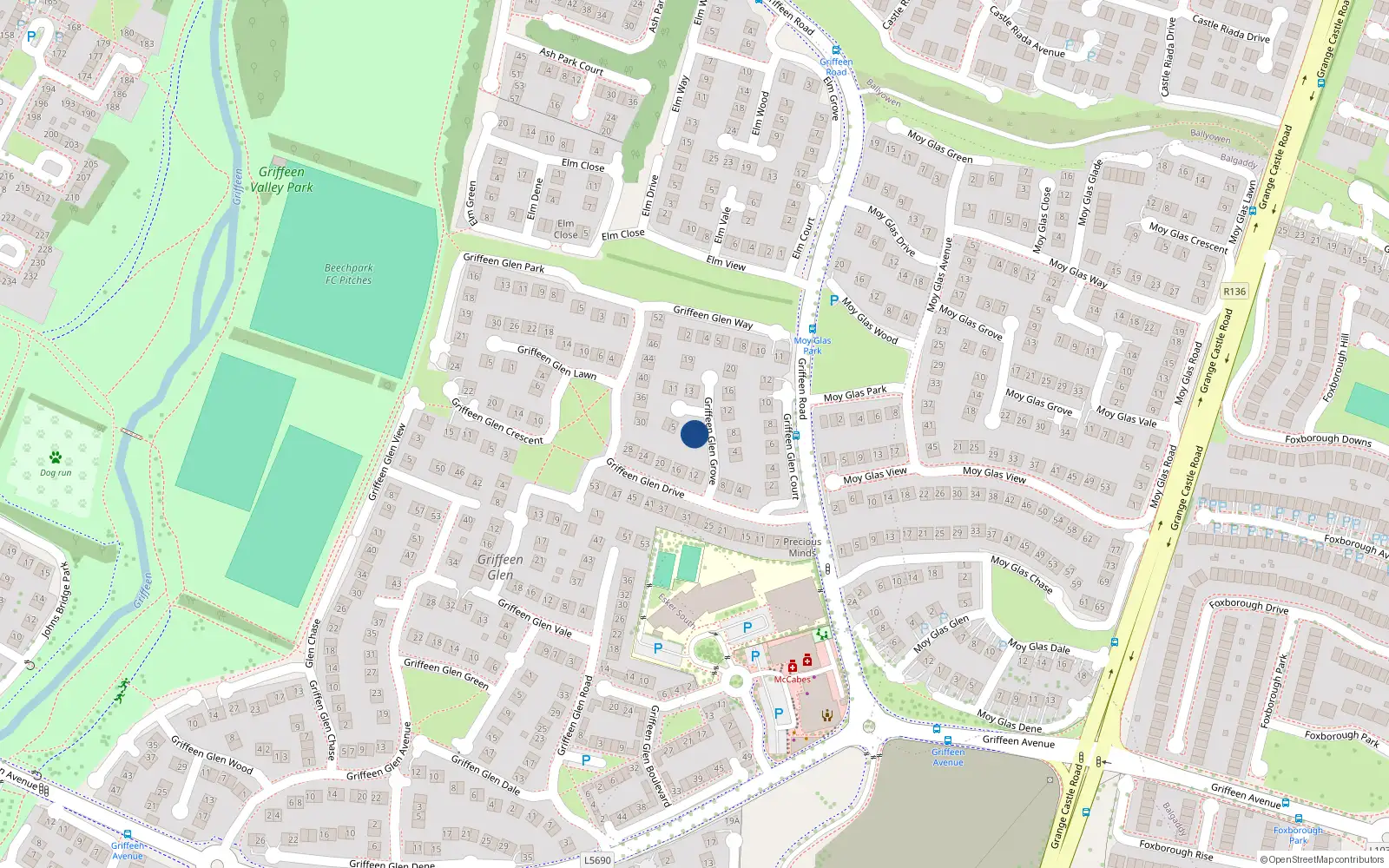 Overhead map showing the location of 1 Griffeen Glen Grove, Lucan