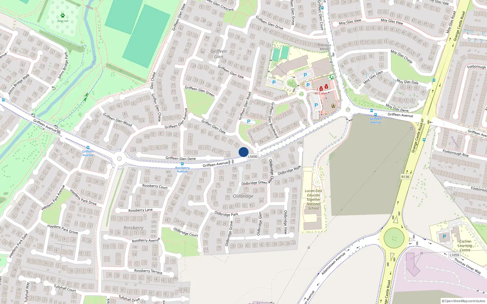 Overhead map showing the location of 1 Griffeen Glen Road, Lucan, Co Dublin