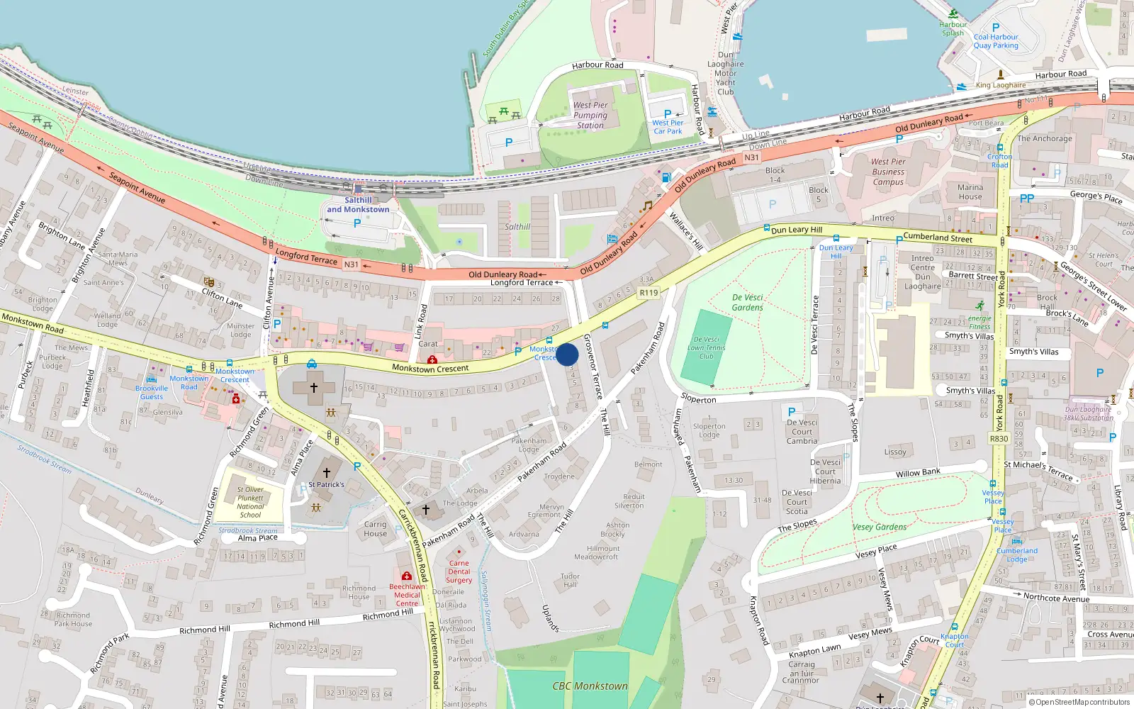Overhead map showing the location of 1 Grosvenor Terrace, Monkstown