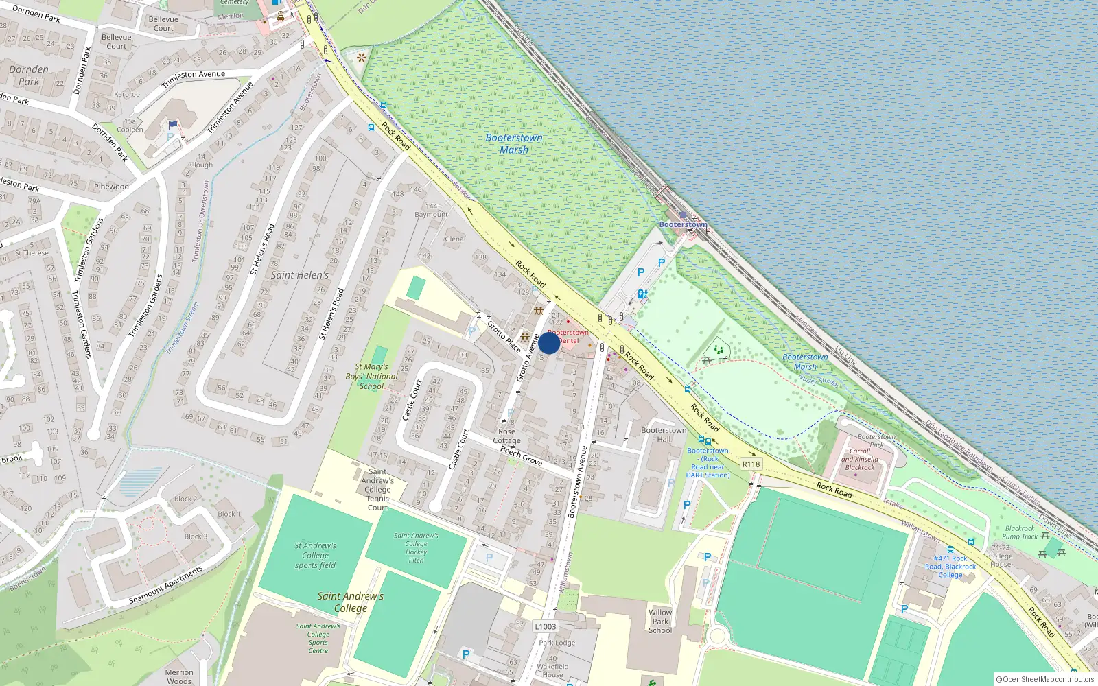 Overhead map showing the location of 1 Grotto Avenue, Booterstown