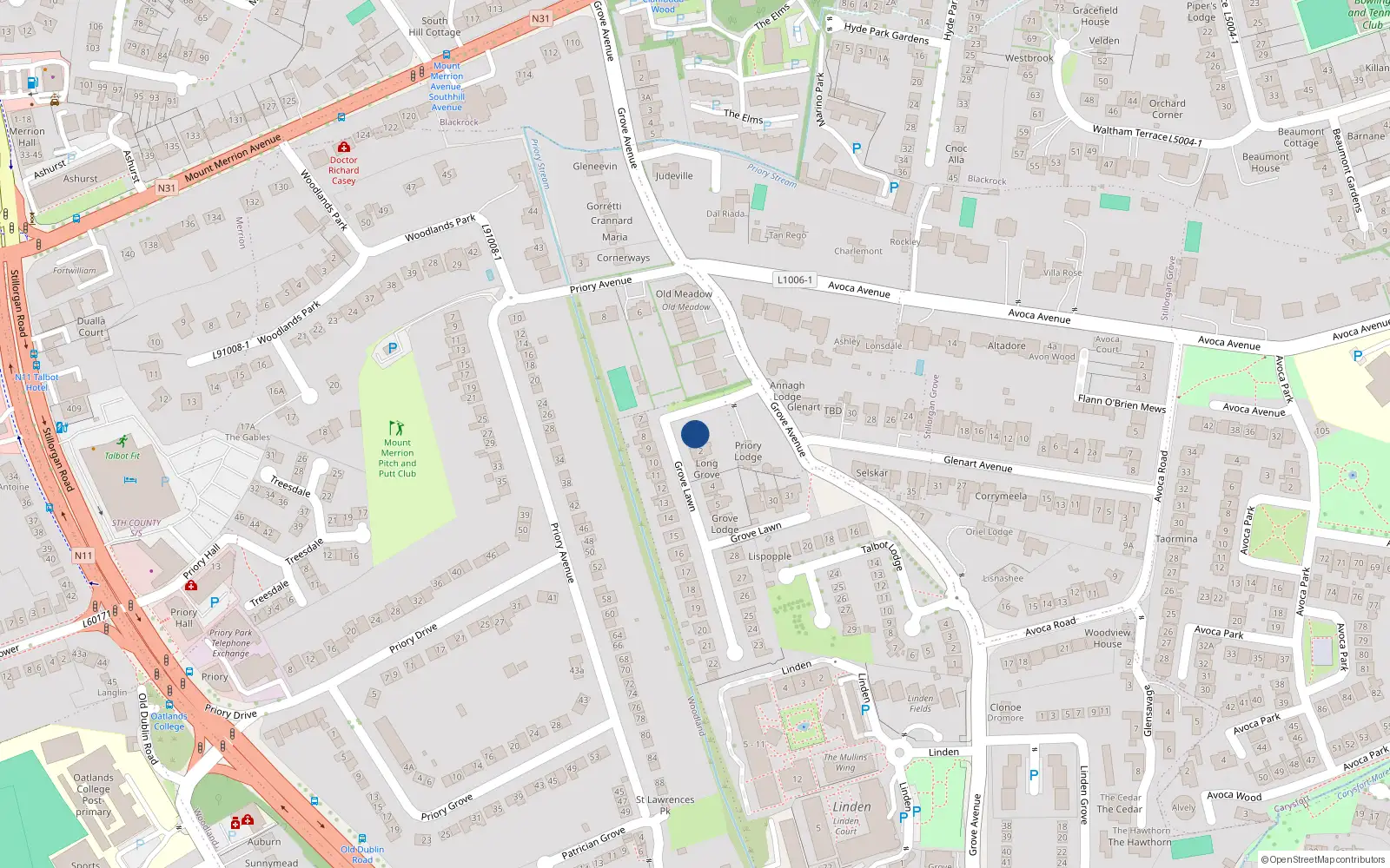 Overhead map showing the location of 1 Grove Lawn, Blackrock