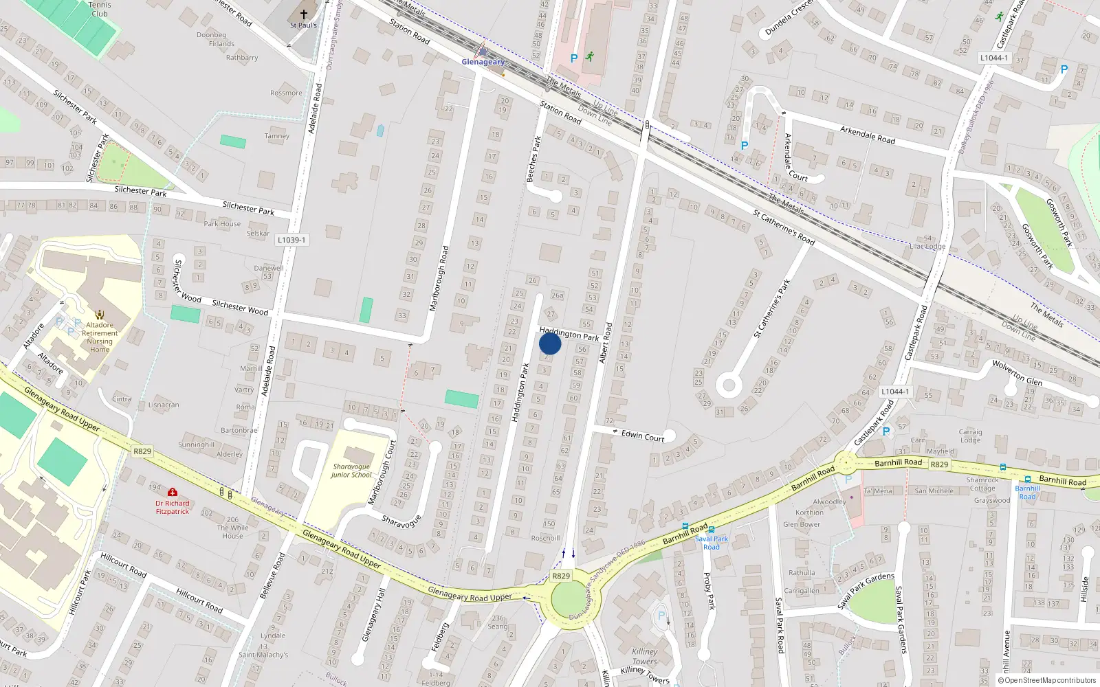Overhead map showing the location of 1 Haddington Park, Glenageary