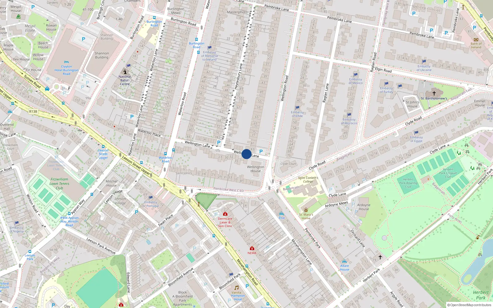 Overhead map showing the location of 1 Hamilton House, Wellington Lane, Ballsbridge Dublin 4