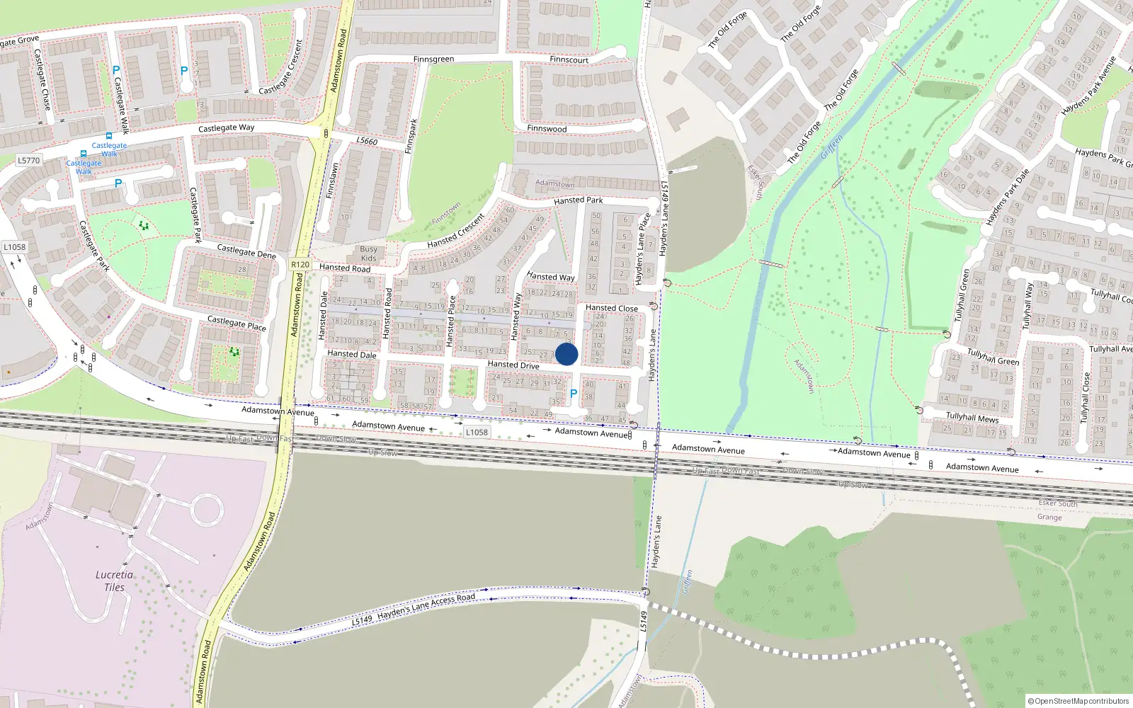 Overhead map showing the location of 1 Hansted Close, Lucan, Dublin