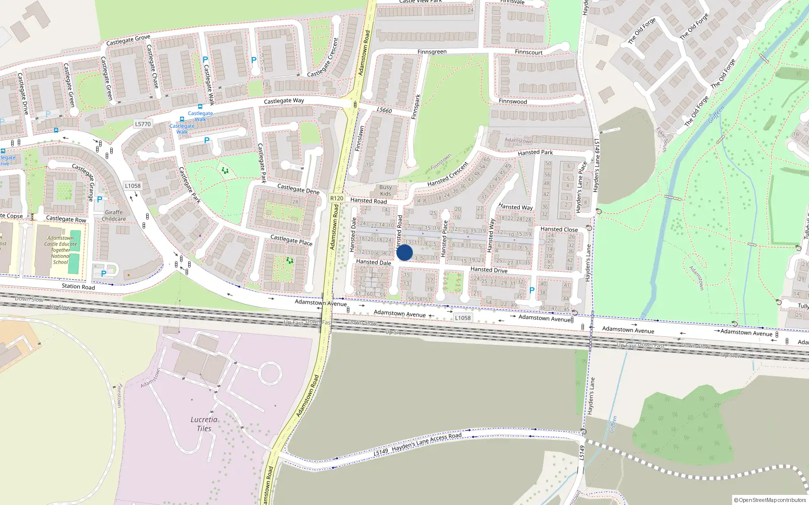 Overhead map showing the location of 1 Hansted Drive, Lucan