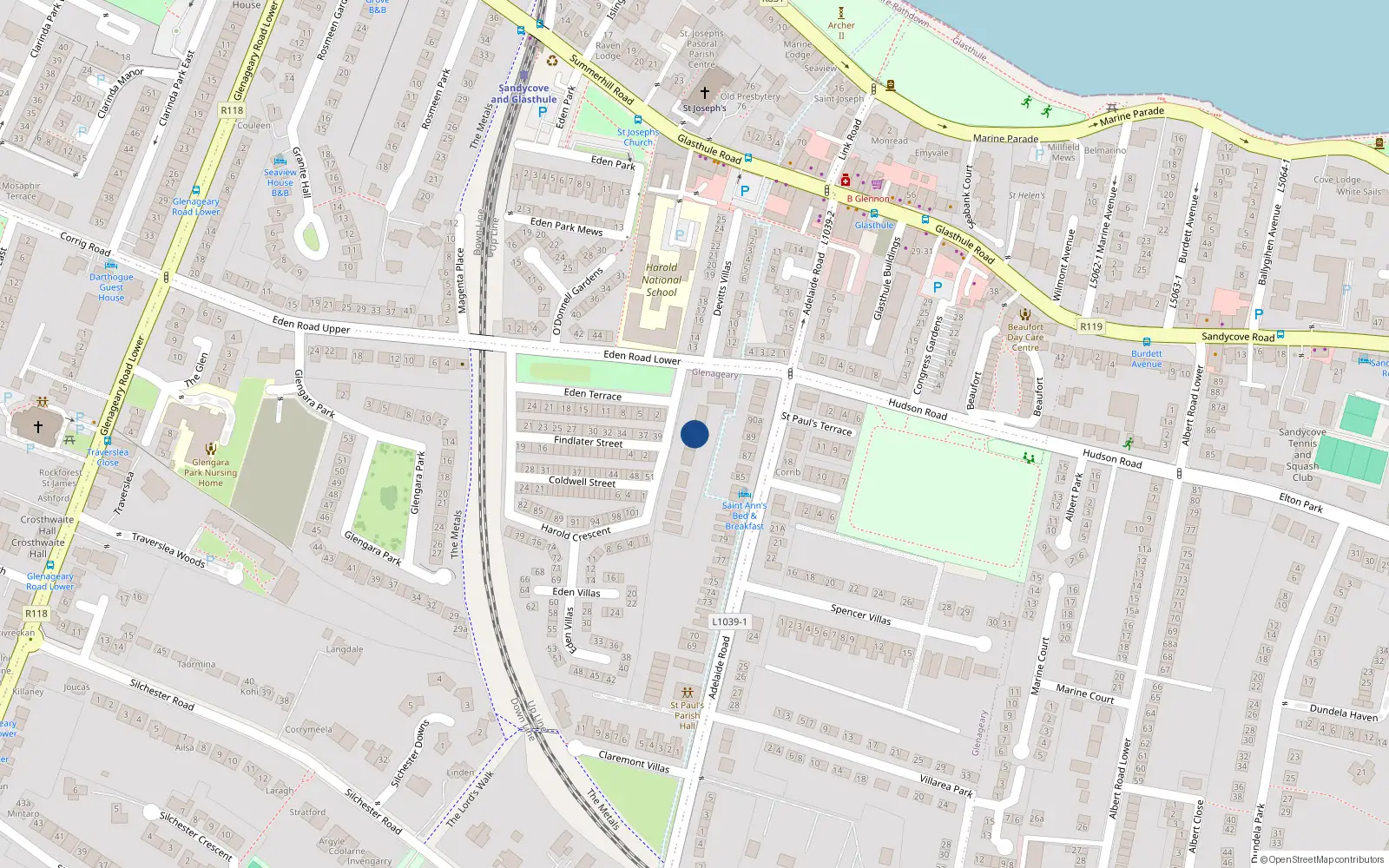 Overhead map showing the location of 1 Harold Crescent, Glasthule