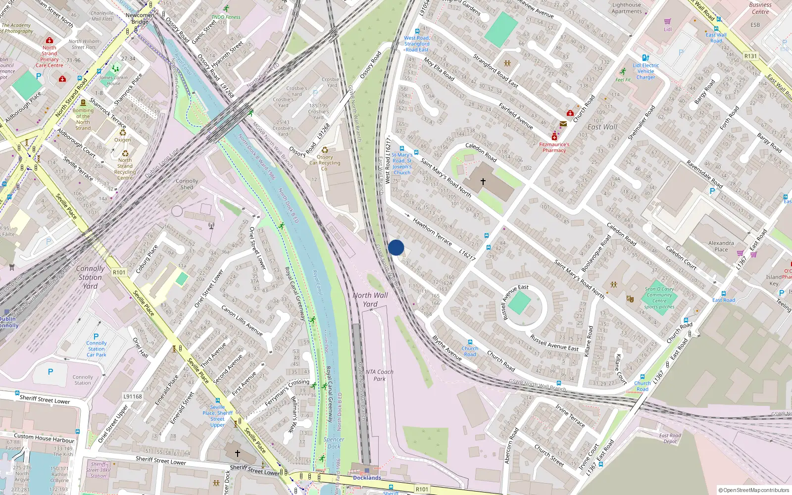 Overhead map showing the location of 1 Hawthorn Close, Hawthorn Avenue, East Wall Road