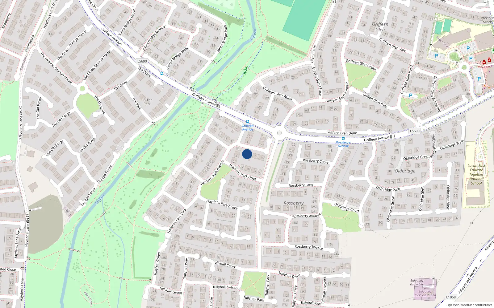 Overhead map showing the location of 1 Haydens Park Close, Lucan, Dublin