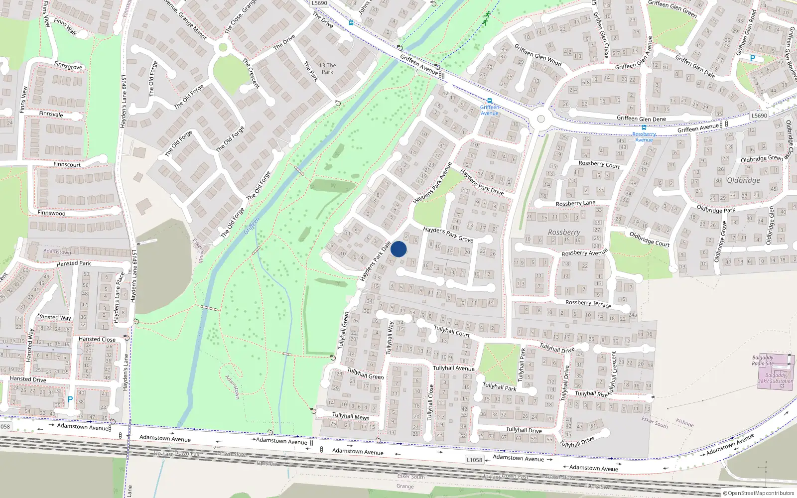 Overhead map showing the location of 1 Haydens Park Dale, Lucan