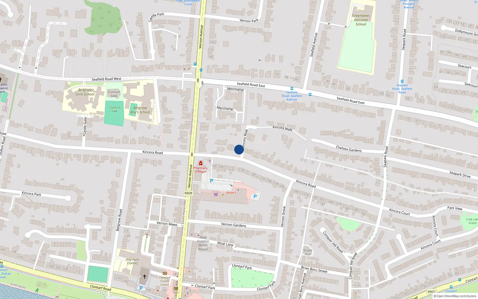 Overhead map showing the location of 1 Hazel Lane, Kincora Road, Clontarf