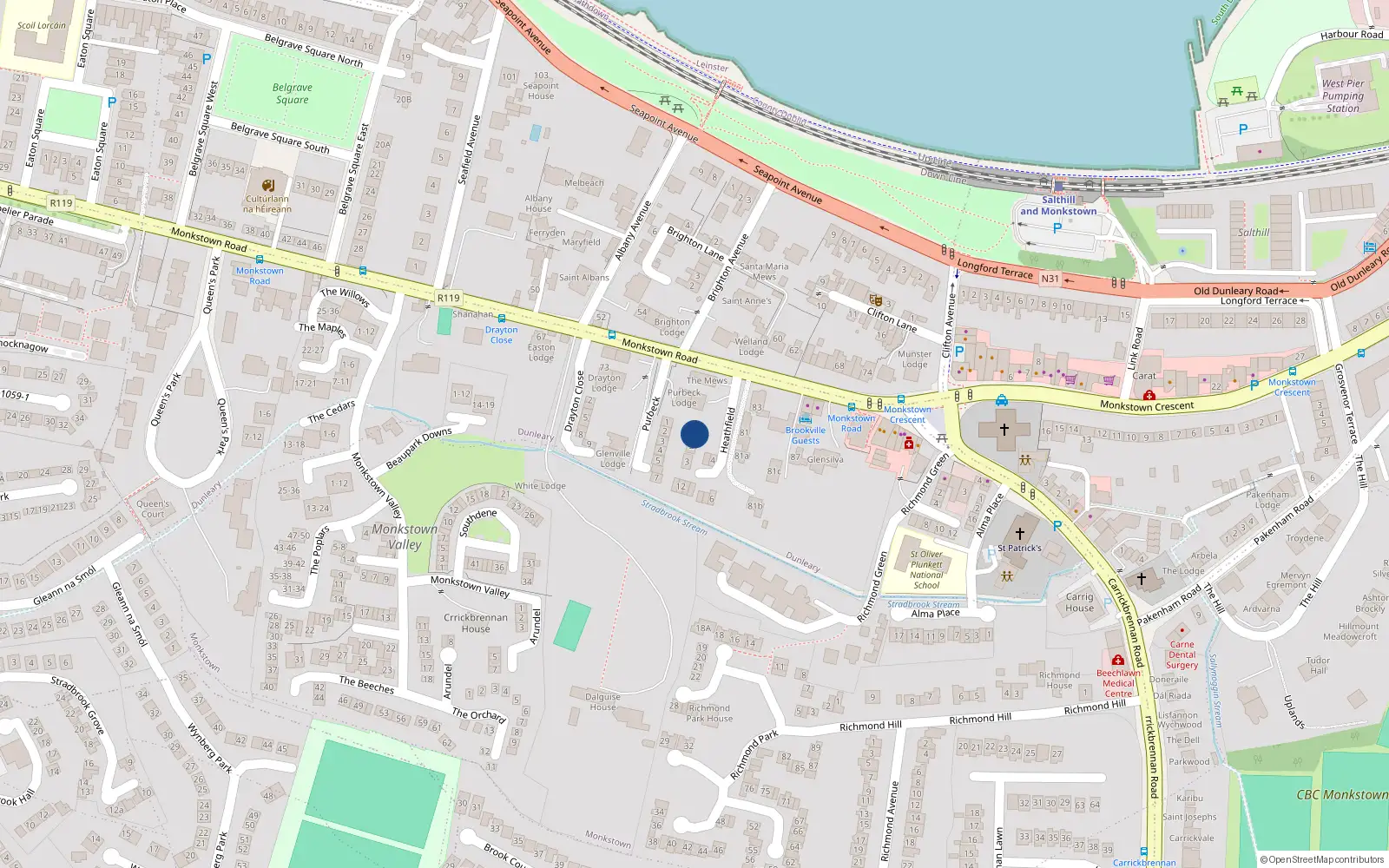 Overhead map showing the location of 1 Heathfield, Monkstown Road, Blackrock