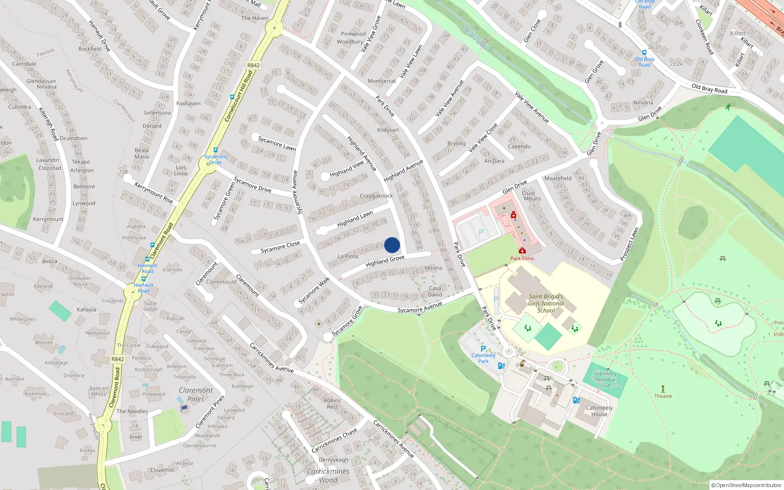 Overhead map showing the location of 1 Highland Grove, Dublin 18