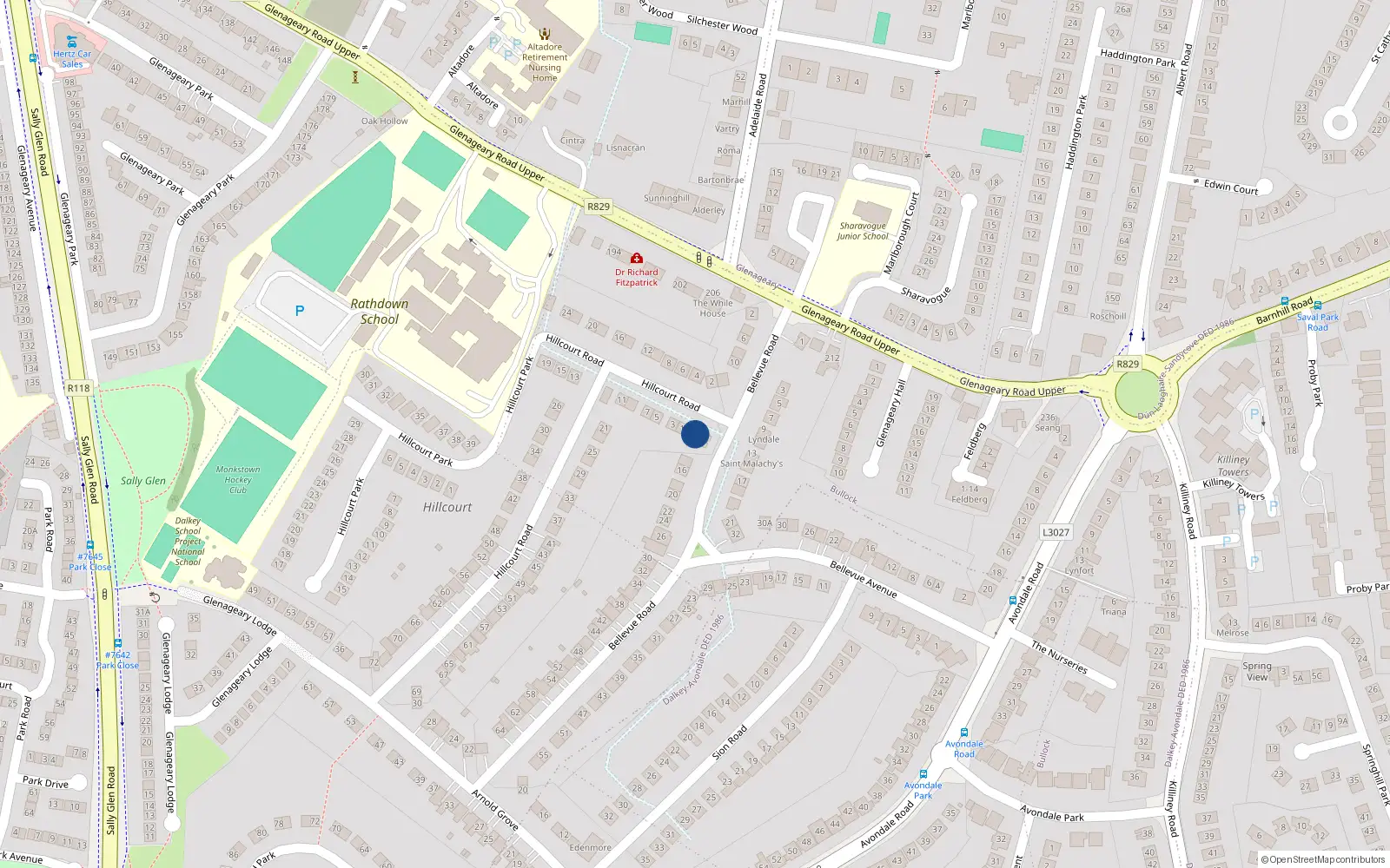Overhead map showing the location of 1 Hillcourt Road, Co. Dublin
