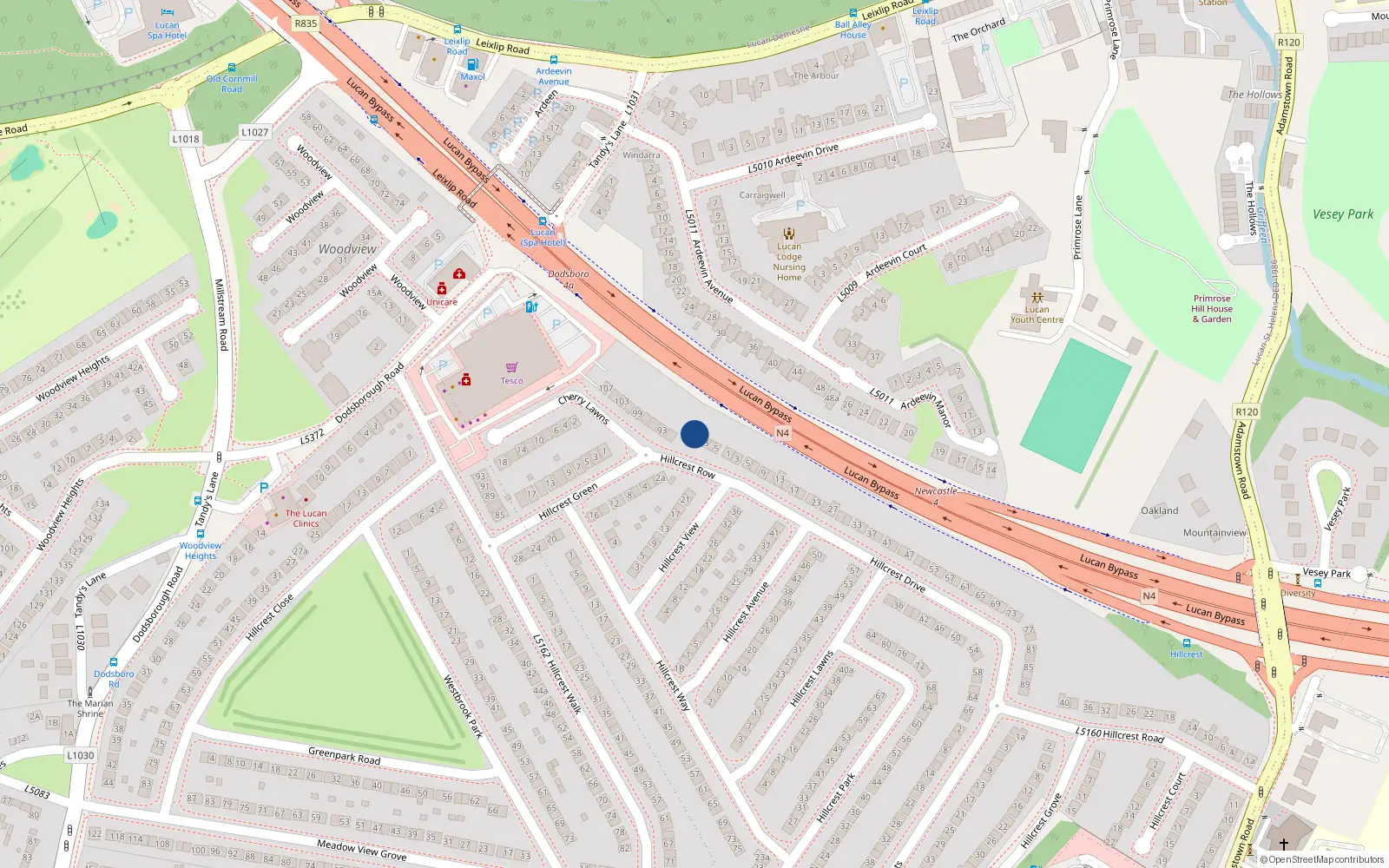 Overhead map showing the location of 1 Hillcrest Row, Lucan