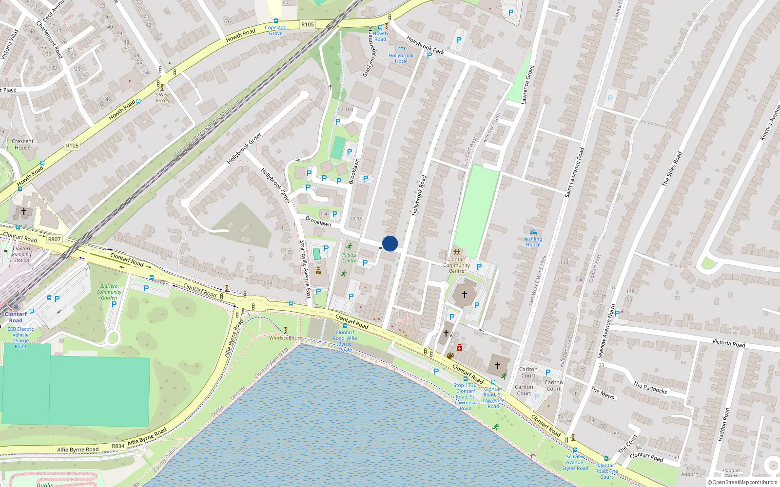 Overhead map showing the location of 1 Hollybrook Road, Clontarf, Dublin 3
