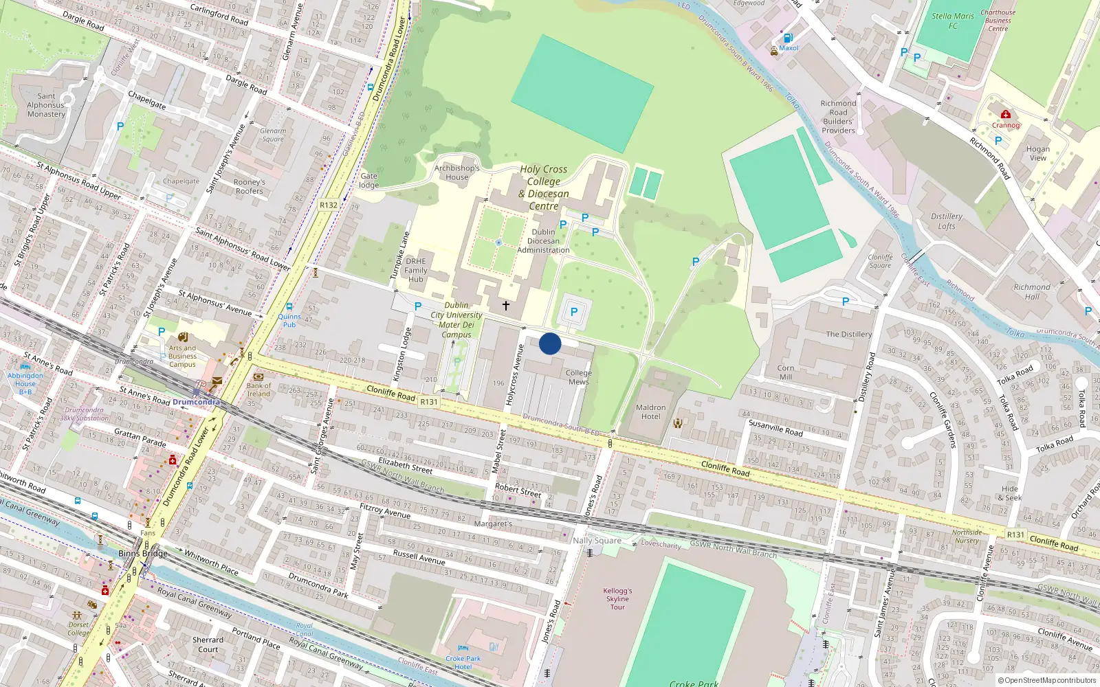 Overhead map showing the location of 1 Holycross Cottages, Clonliffe Road, Dublin 3