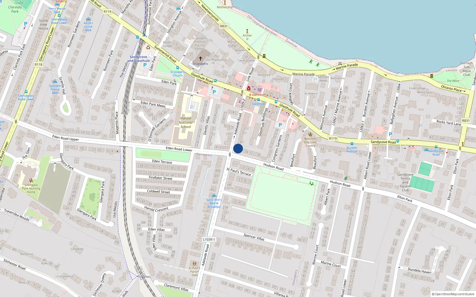 Overhead map showing the location of 1 Hudson Road, Dun Laoghaire