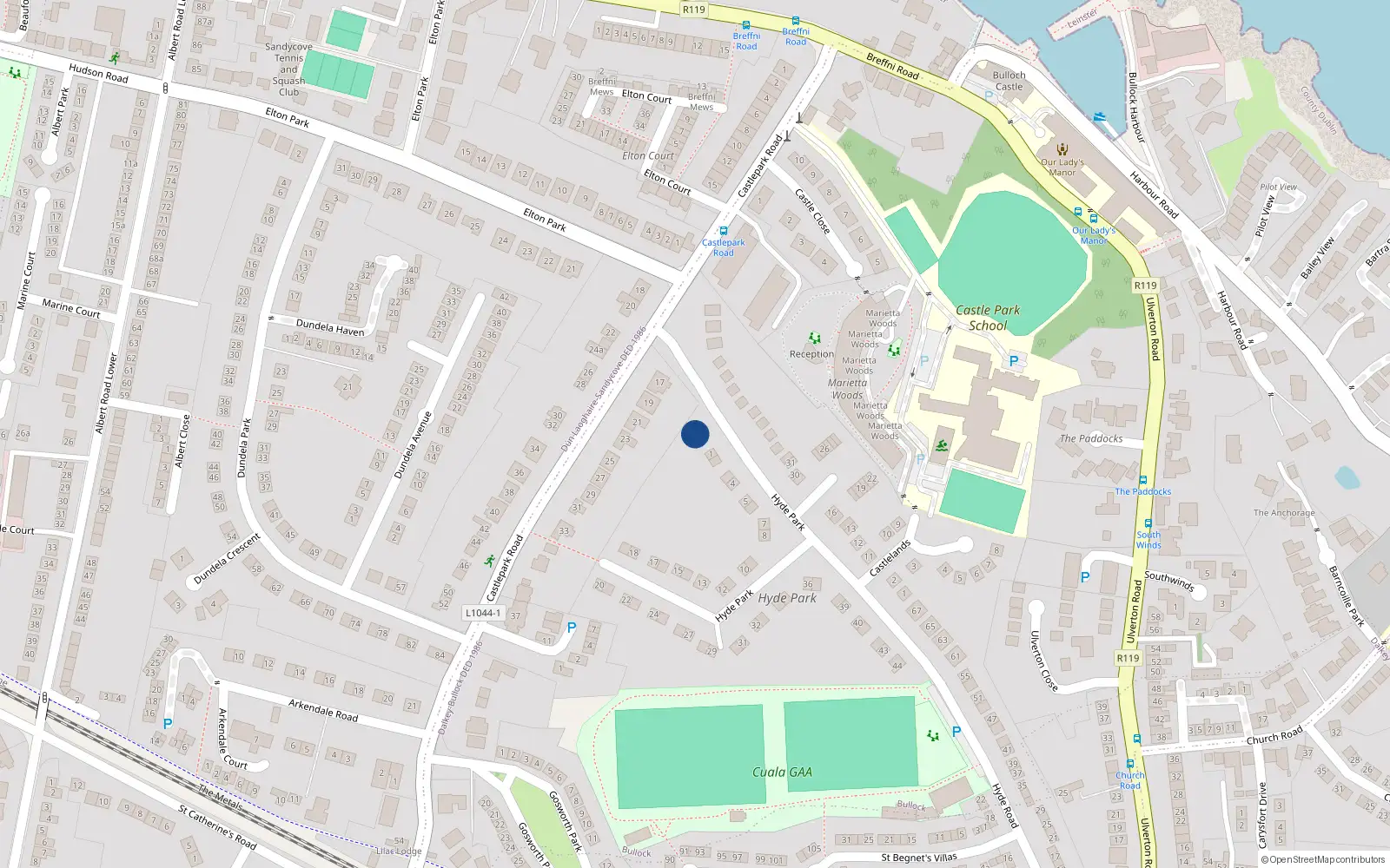 Overhead map showing the location of 1 Hyde Park, Dalkey