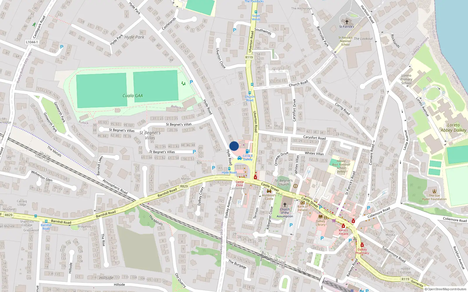 Overhead map showing the location of 1 Hyde Road, Dalkey, Dublin