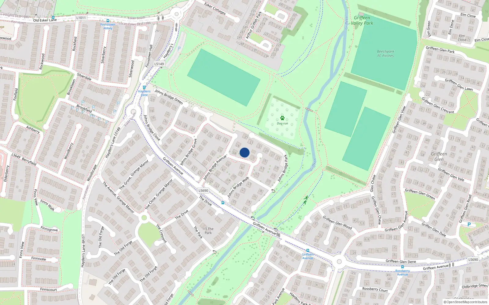 Overhead map showing the location of 1 Johnsbridge Walk, Lucan