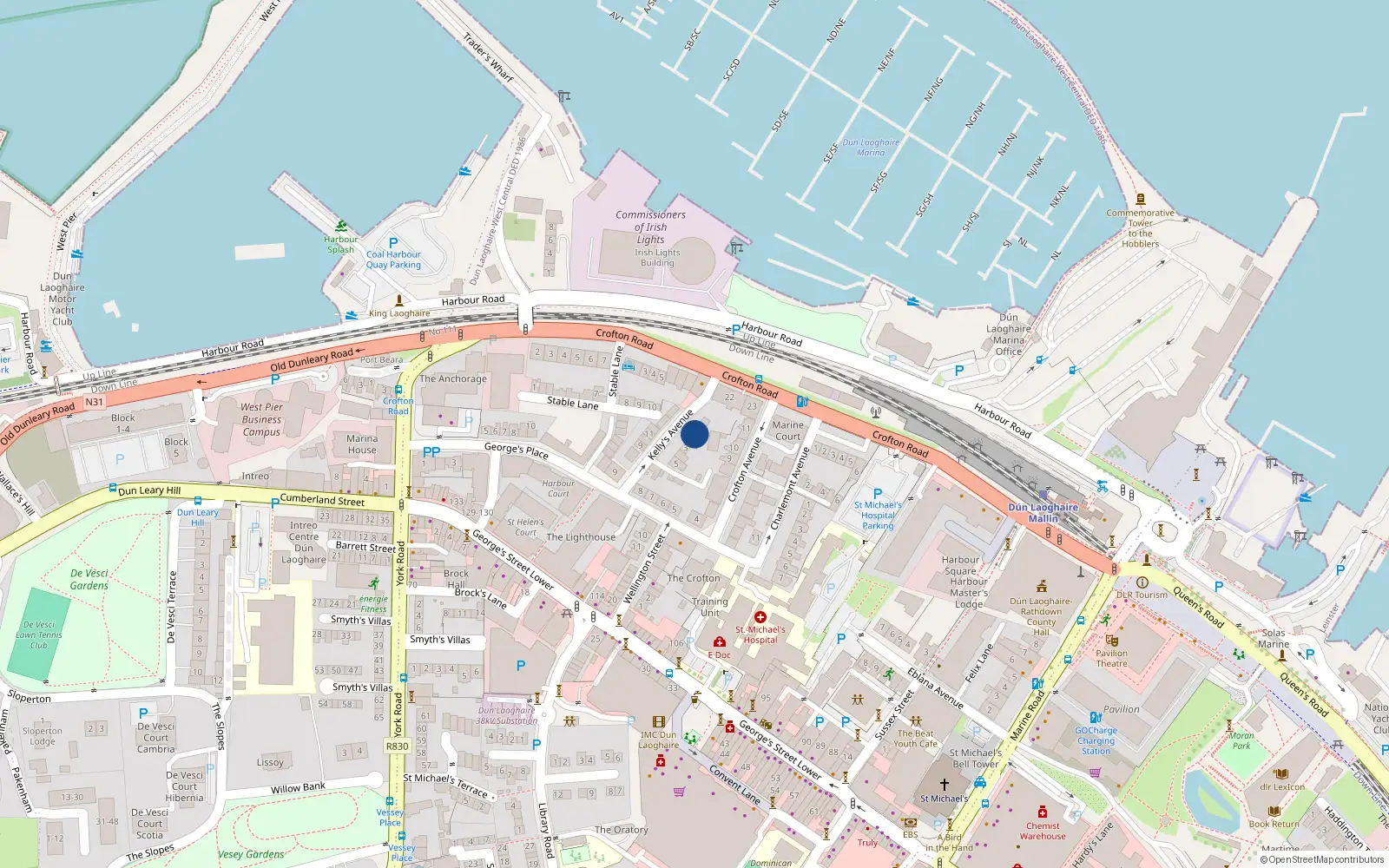 Overhead map showing the location of 1 Kellys Avenue, Crofton Road, Dun Laoghaire