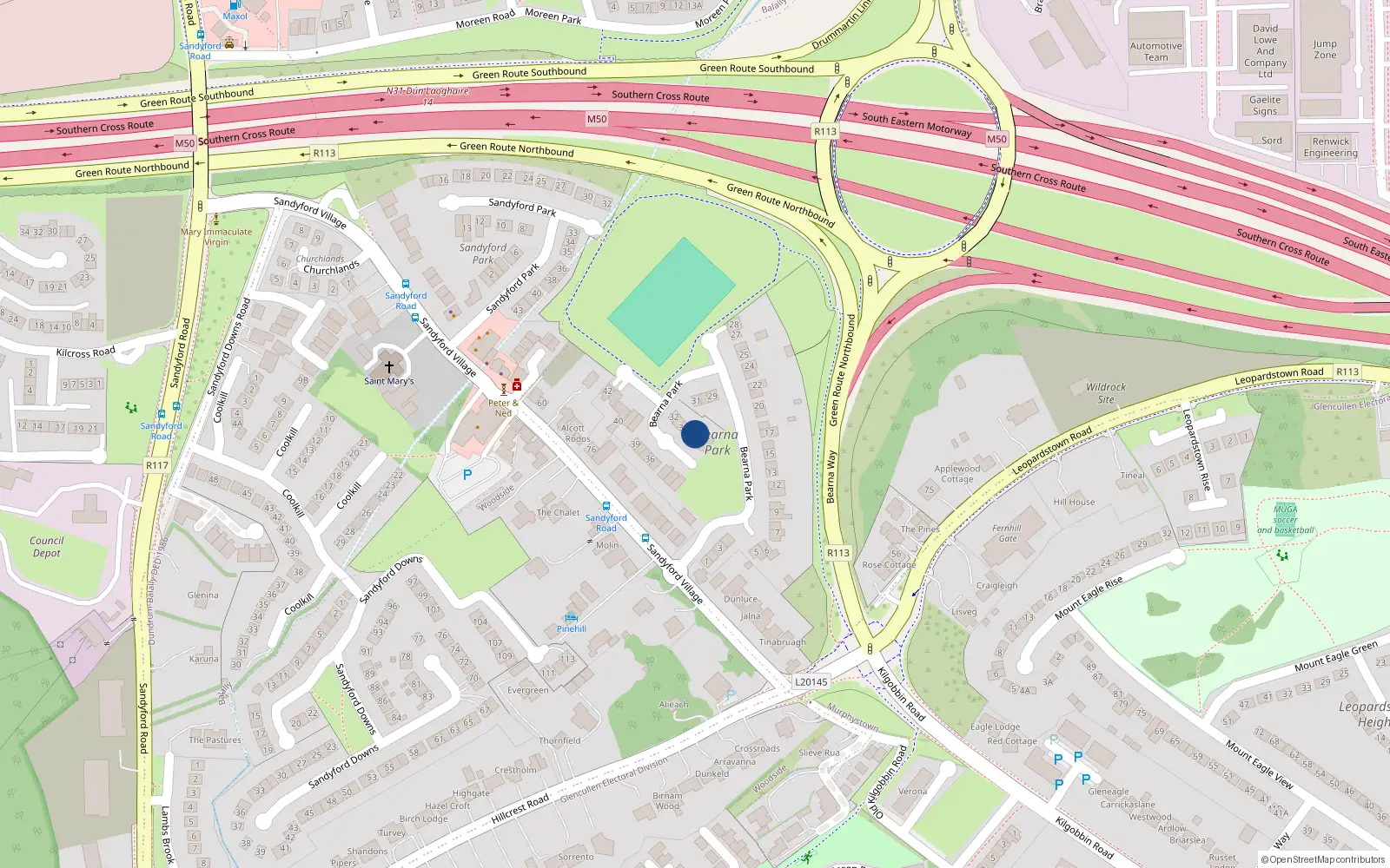 Overhead map showing the location of 1 Kenler Road, Sandyford