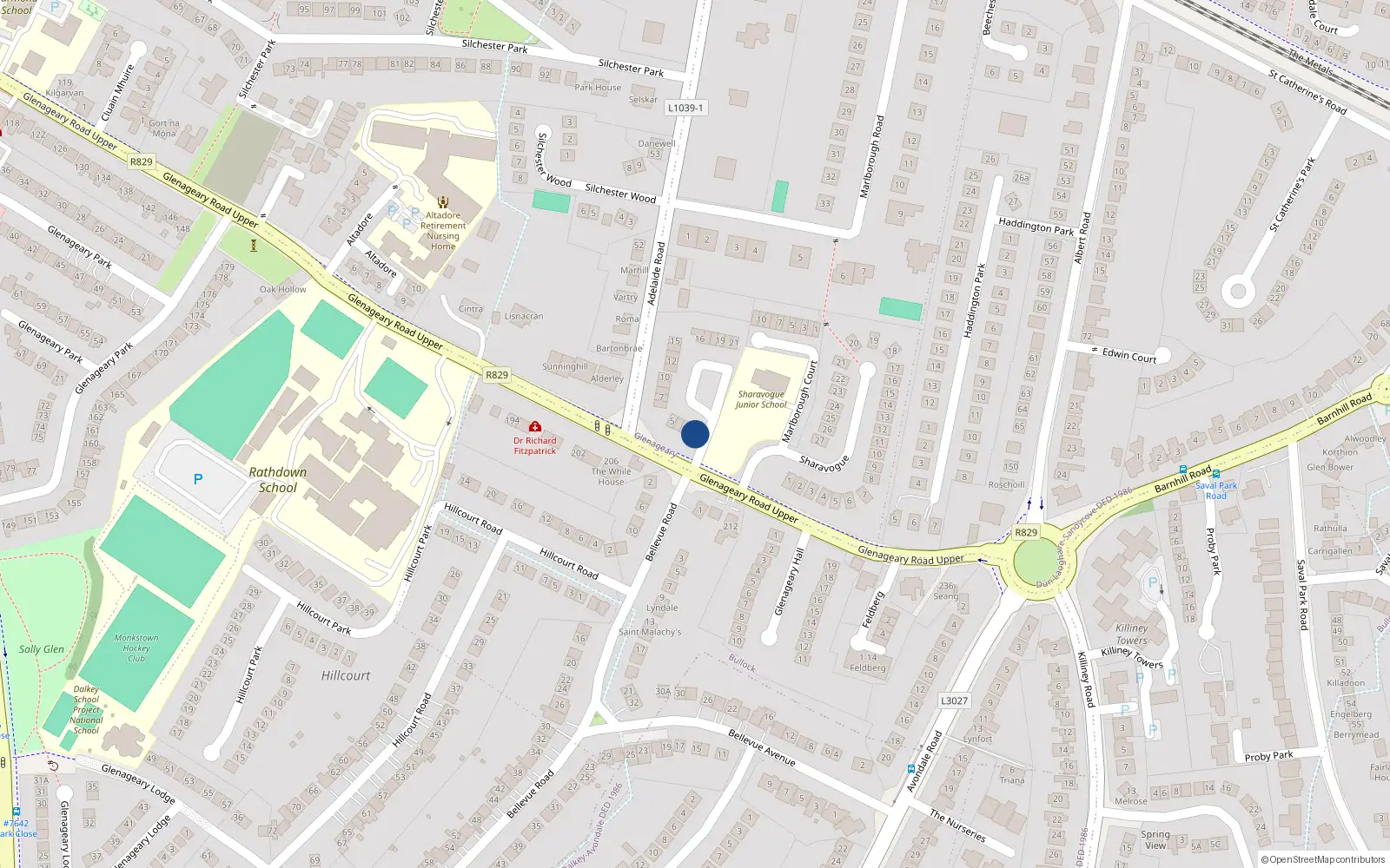 Overhead map showing the location of 1 Kilcolman Court, Glenageary