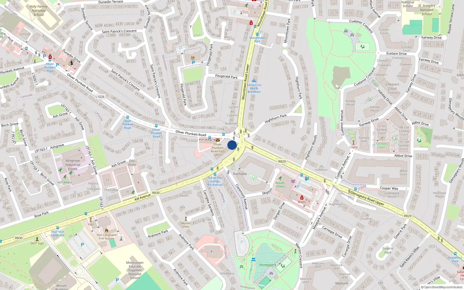 Overhead map showing the location of 1 Kill Avenue, Dun Laoghaire, Dublin