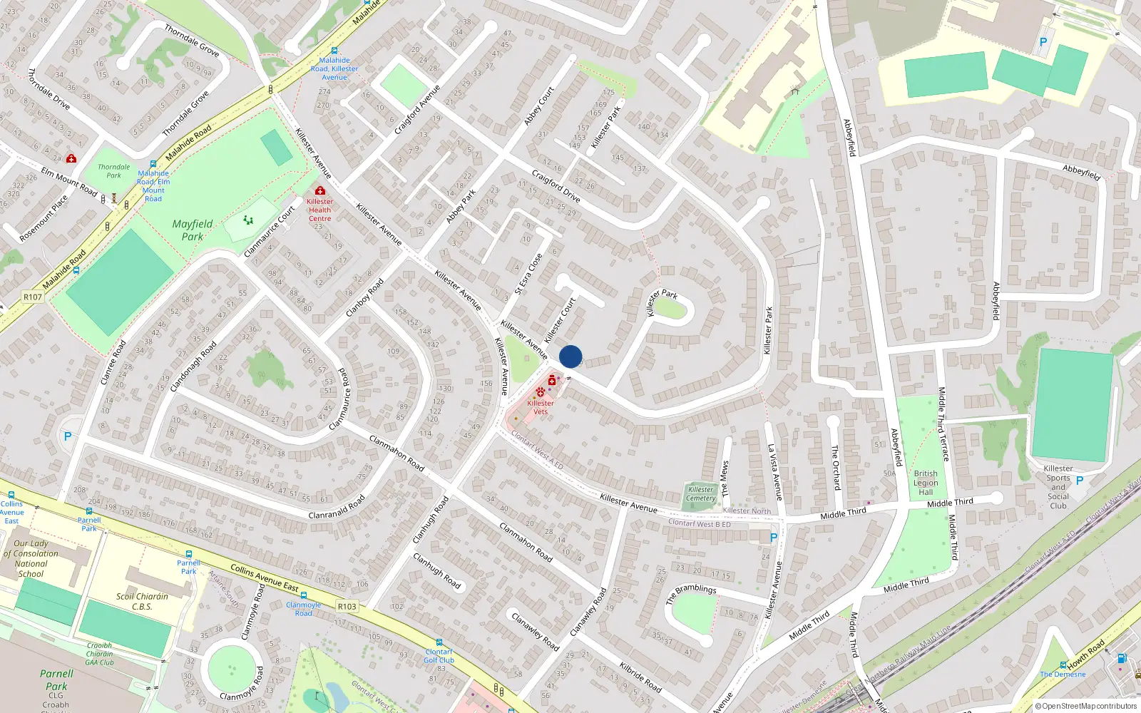 Overhead map showing the location of 1 Killester Park, Dublin 5
