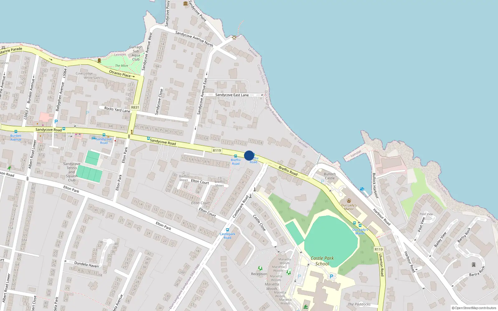 Overhead map showing the location of 1 Killiney Terrace, Breffni Road, Sandycove