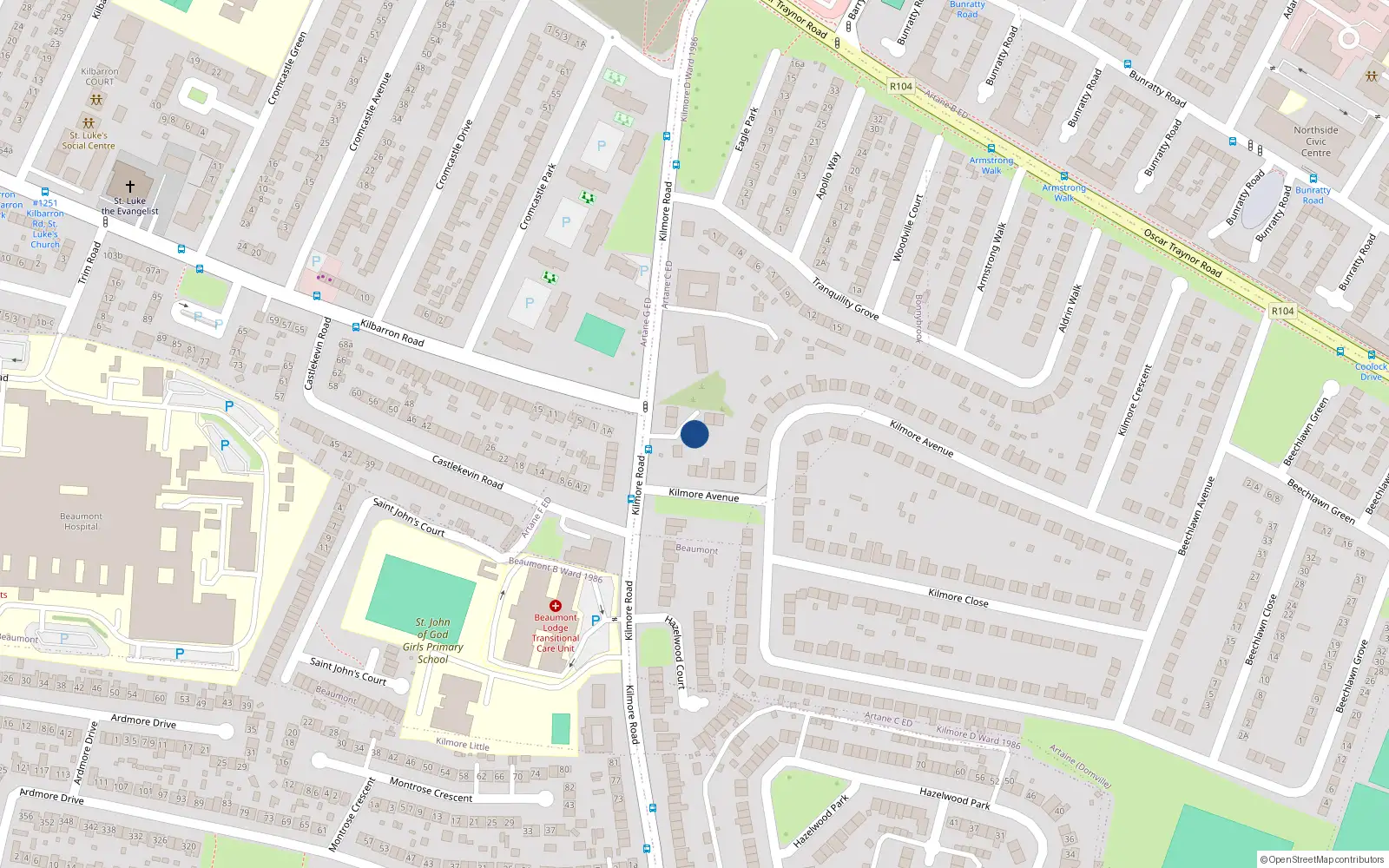 Overhead map showing the location of 7 Kilmore Road, coolock
