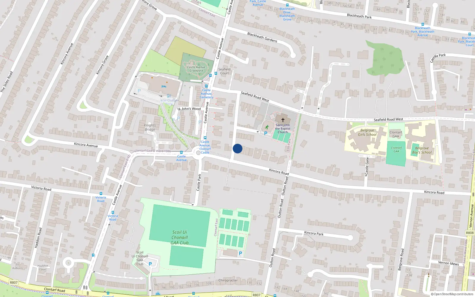 Overhead map showing the location of 1 Kincora Road, Clontarf, Dublin 3