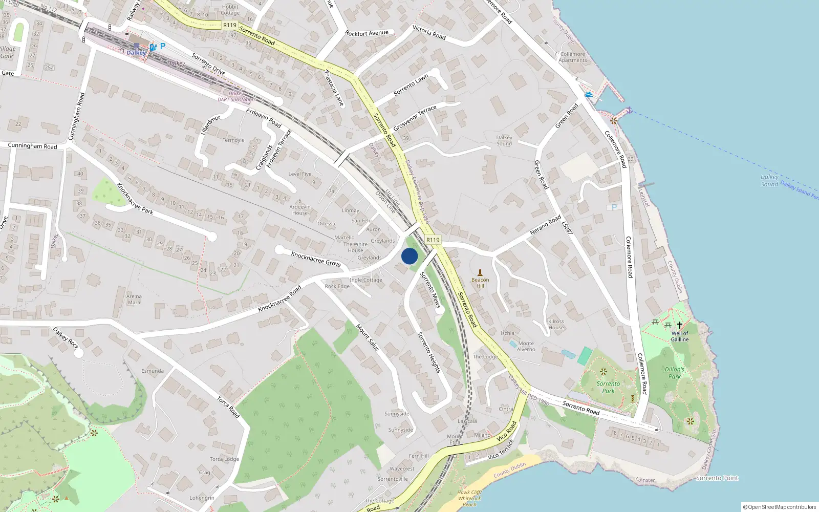 Overhead map showing the location of 1 Knock na Cree Road, Dalkey, Dublin